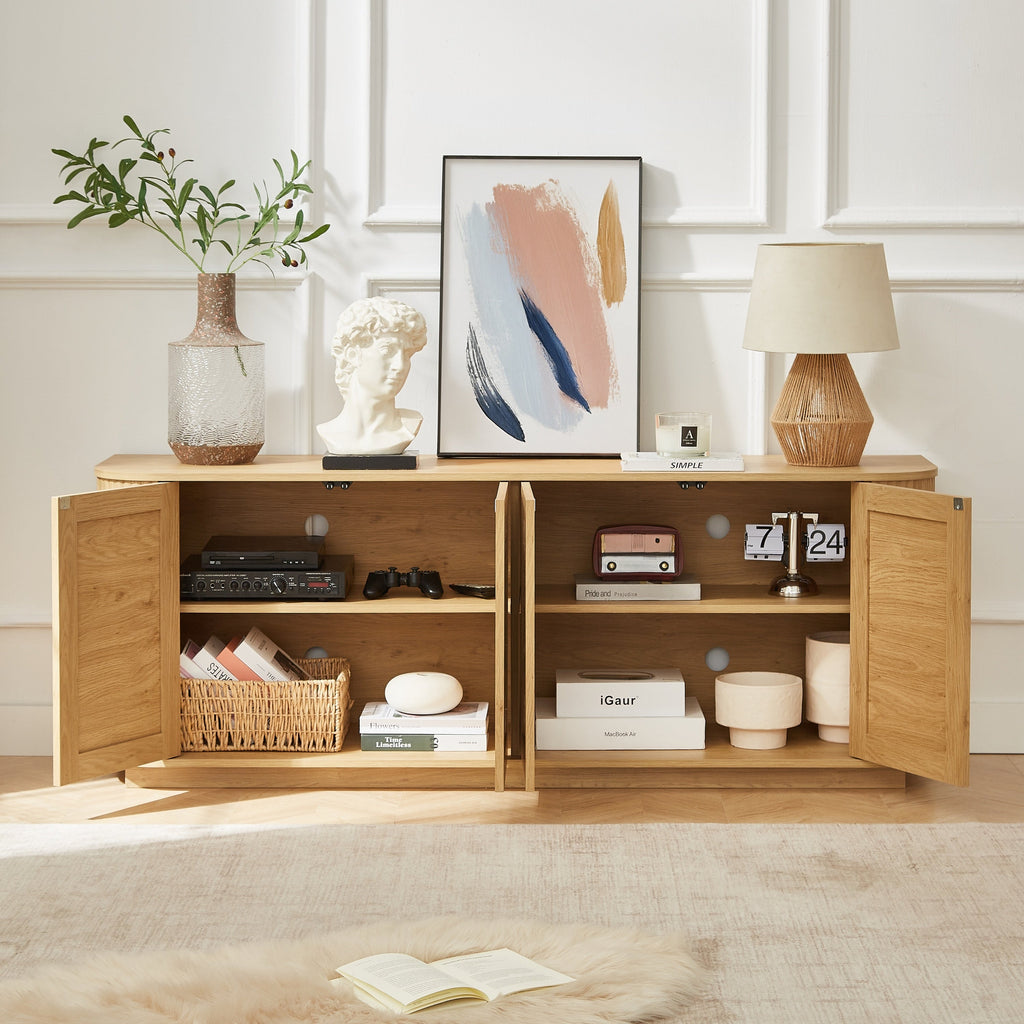 Contemporary Wave-Shaped TV Stand with Rattan Doors, Natural Wood Finish, 64''W x 15''D x 24''H