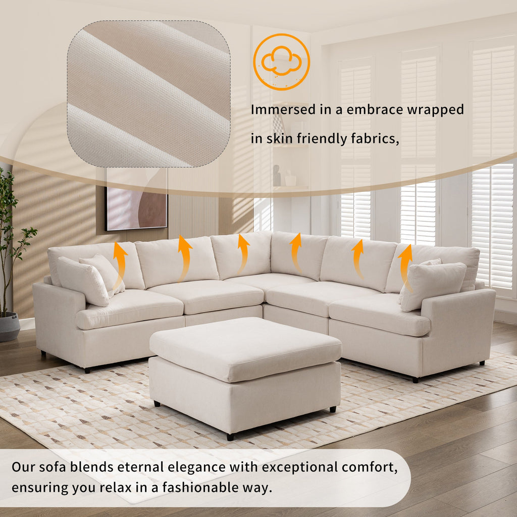 [ Video Provided]U_STYLE Upholstered Sectional Sofa with Removable Ottoman,U-Shape 6 Seat Sectional Couch,  for Living Room,,Apartment, Spacious Space