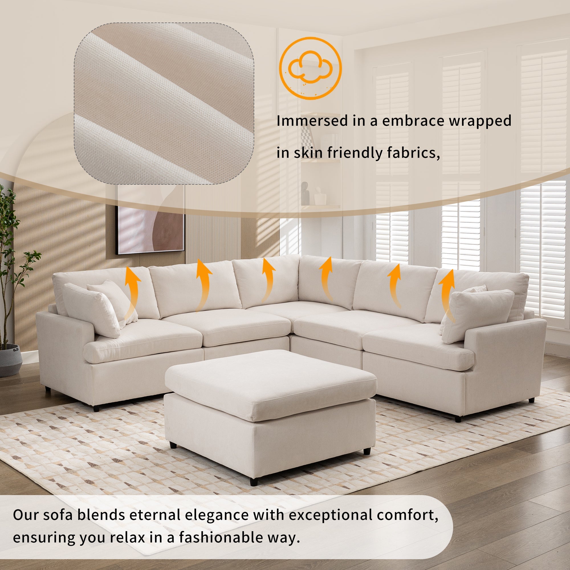 [ Video Provided]U_STYLE Upholstered Sectional Sofa with Removable Ottoman,U-Shape 6 Seat Sectional Couch,  for Living Room,,Apartment, Spacious Space