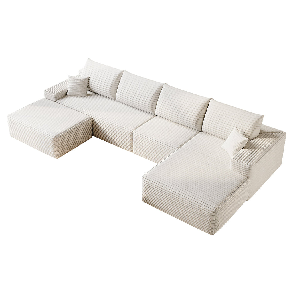135' Cloud Sectional Sofa with 1 Ottoman,Modern Minimalist Upholstered Couches, Comfort U Shaped Sofa for Living Room,Deep Seat Corner Couch,No Assembly Required (Plush Corduroy Fabric),White