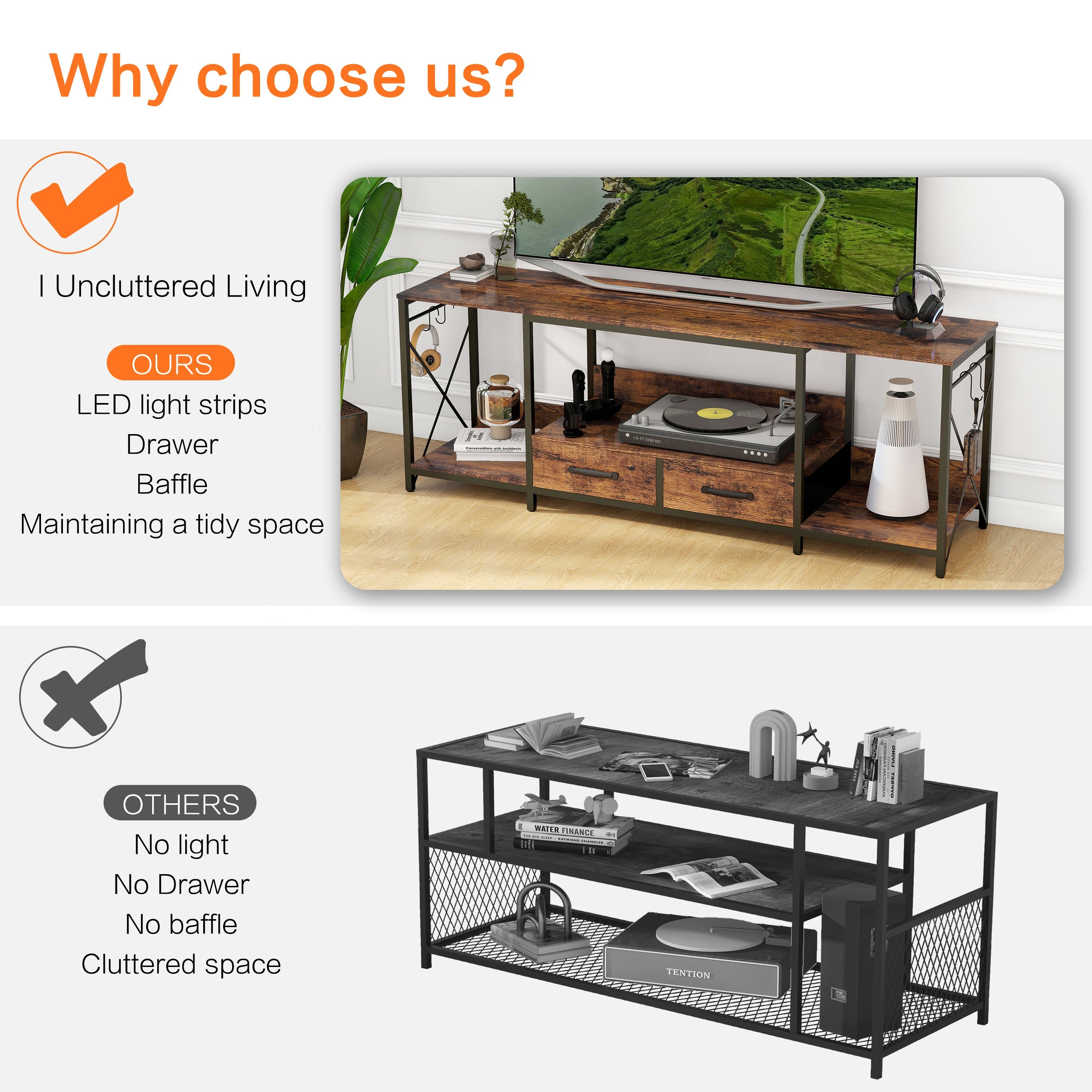 There are installation videos + scene videos .TV Stand with LED Lights Power Outlets  -  TV Stand with Fabric Drawers for 65 70 75 Inches TV -Can also be used in multiple scenes, living room, bedroom,
