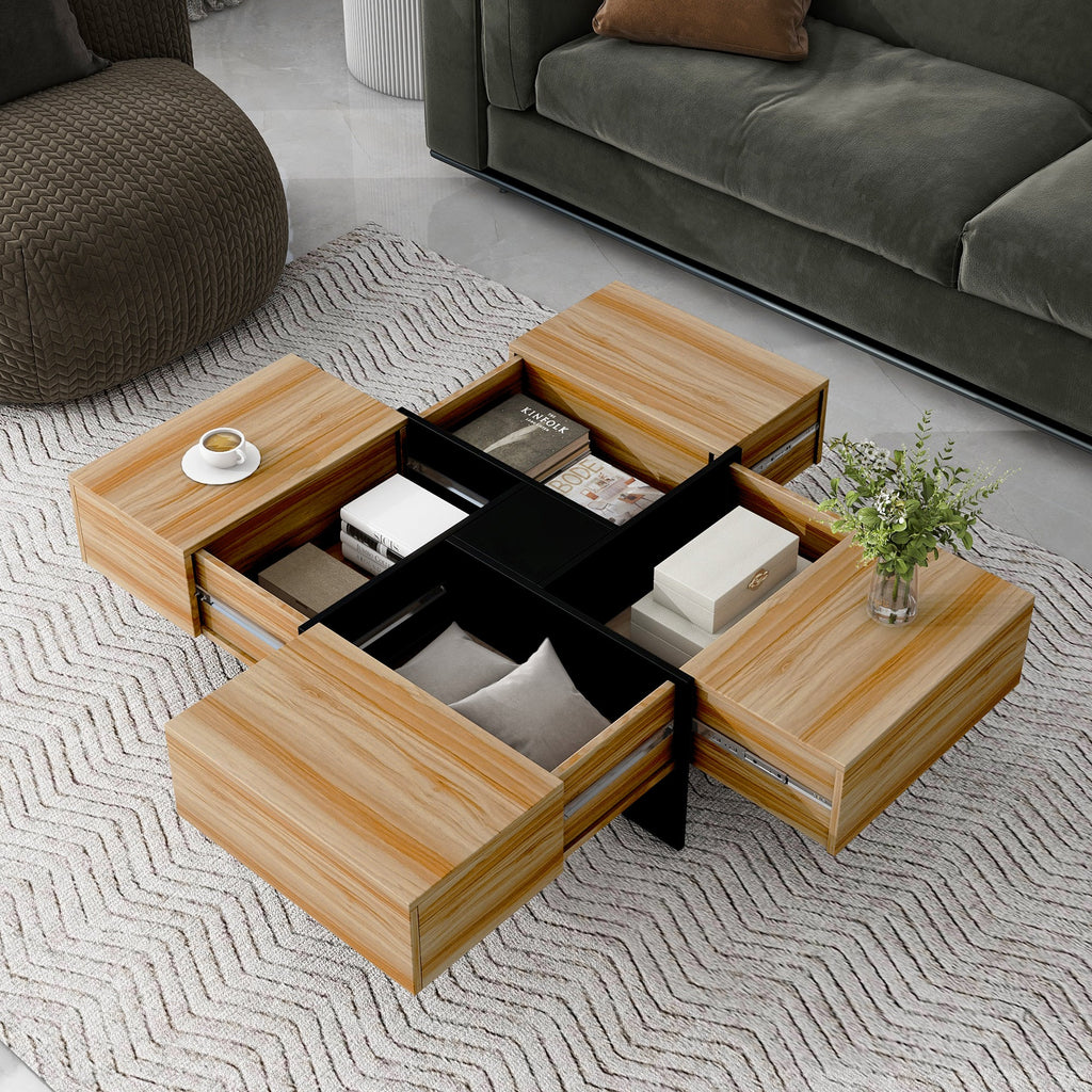 ON-TREND Unique Design Coffee Table with 4 Hidden Storage Compartments, Square Cocktail Table with Extendable Sliding Tabletop, UV High-gloss Design Center Table for Living Room, 31.5'x 31.5'