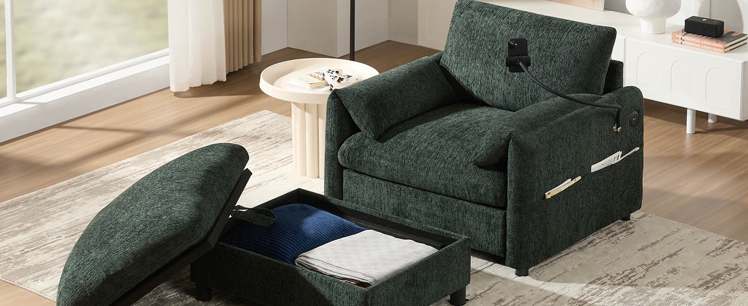 38' Single Sofa with Storage Ottoman, Adjustable Phone Holder, USB Charger, Side Storage Pockets, Pillow-Like Armrests, Wide Seat Chaise Lounge for Living Room&Apartment, Chenille, 4 Colors
