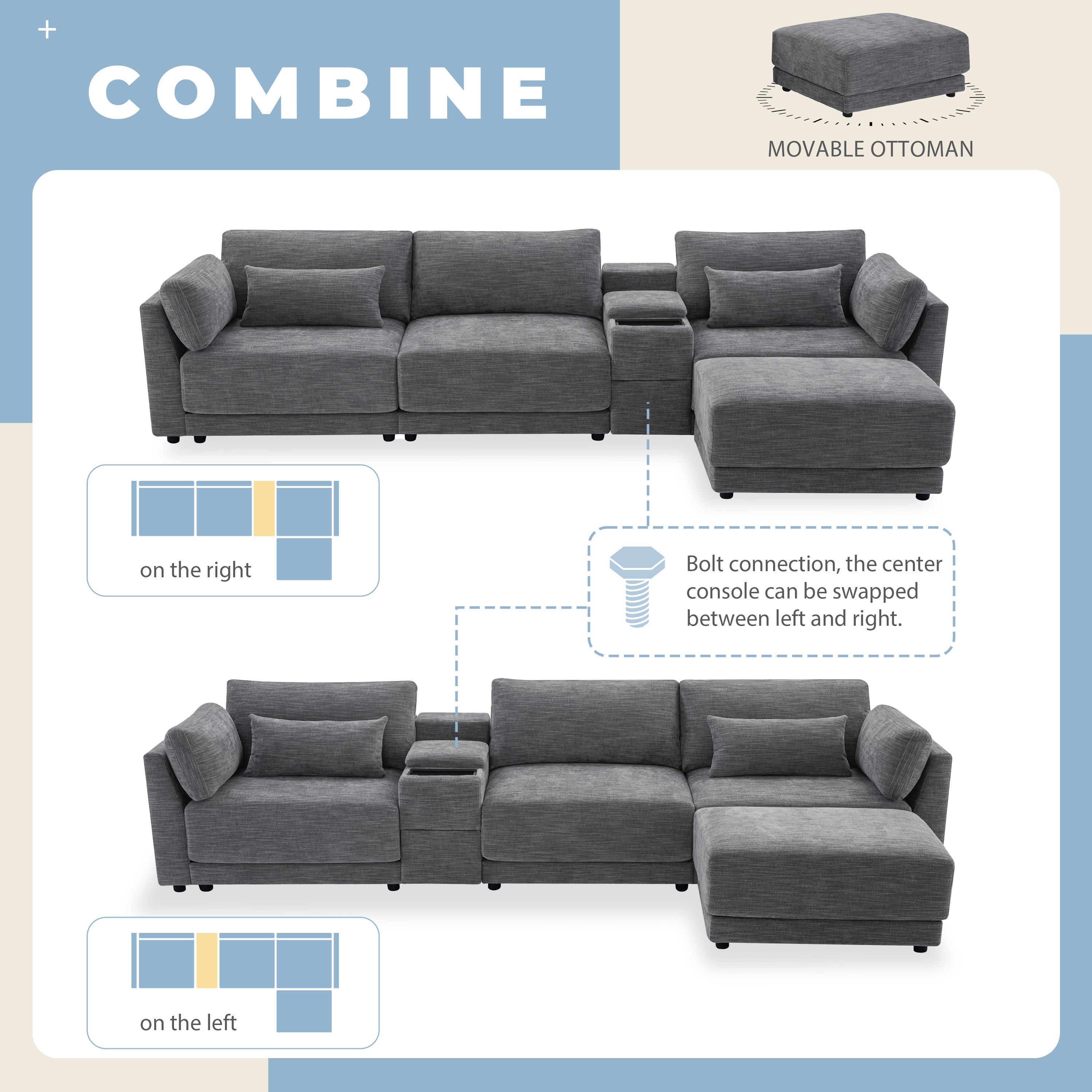 [VIDEO+NEW]124'' Modular Sectional Sofa with Storage Console and Movable Ottoman,33'' Wide Seat,4 Seat L Shaped Chenille Couch,Reversible Comfy Sofa with USB Charger for Living Room,Apartment,2 Colors