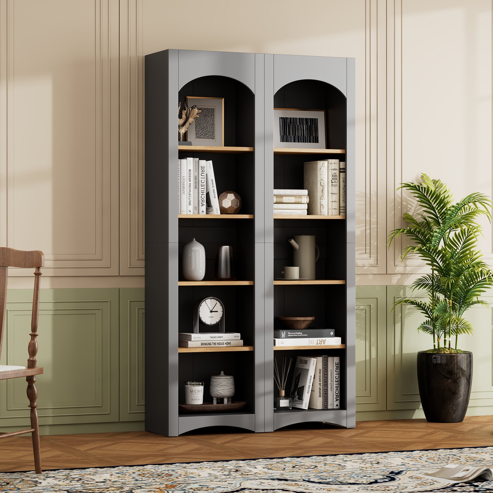 ON-TREND Free Standing 5 Tier Bookshelves, Bookcases Set of 2, Farmhouse Two-Tone Storage Cabinet with Adjustable Shelves, Modern 72'H Kitchen Pantry Cabinet for Living Room, Home Office, Grey
