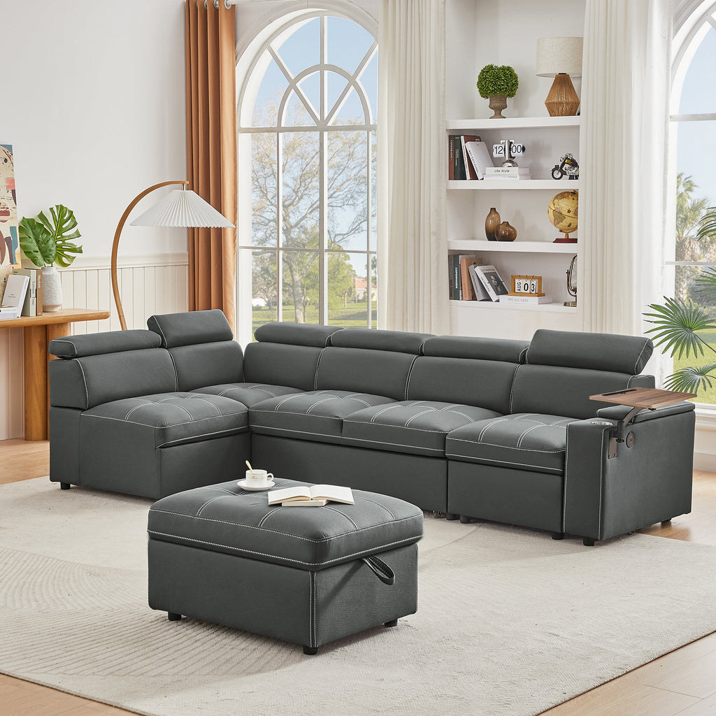 Grey Fabric Sectional Sofa with Storage Ottoman