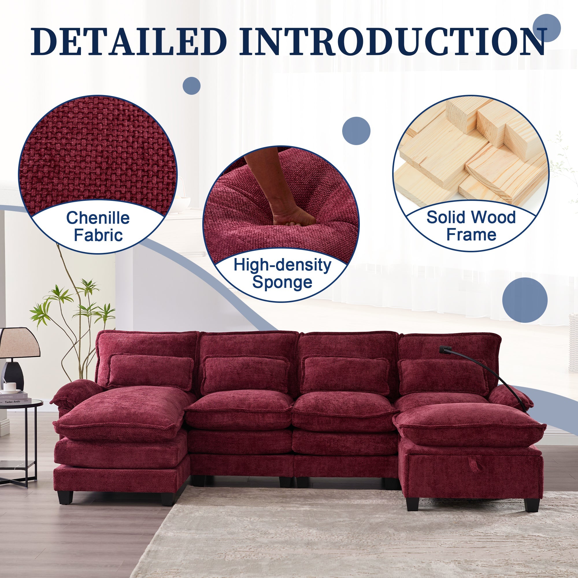 UNITED WE WIN 106' U Shape Sectional Sofa Cloud Couch for Living Room, Upholstery Comfy Modular Sofas, 4 Seat Chenille U-Shaped Sleeper Sofa with Chaise Lounge, Ottoman & Pillows