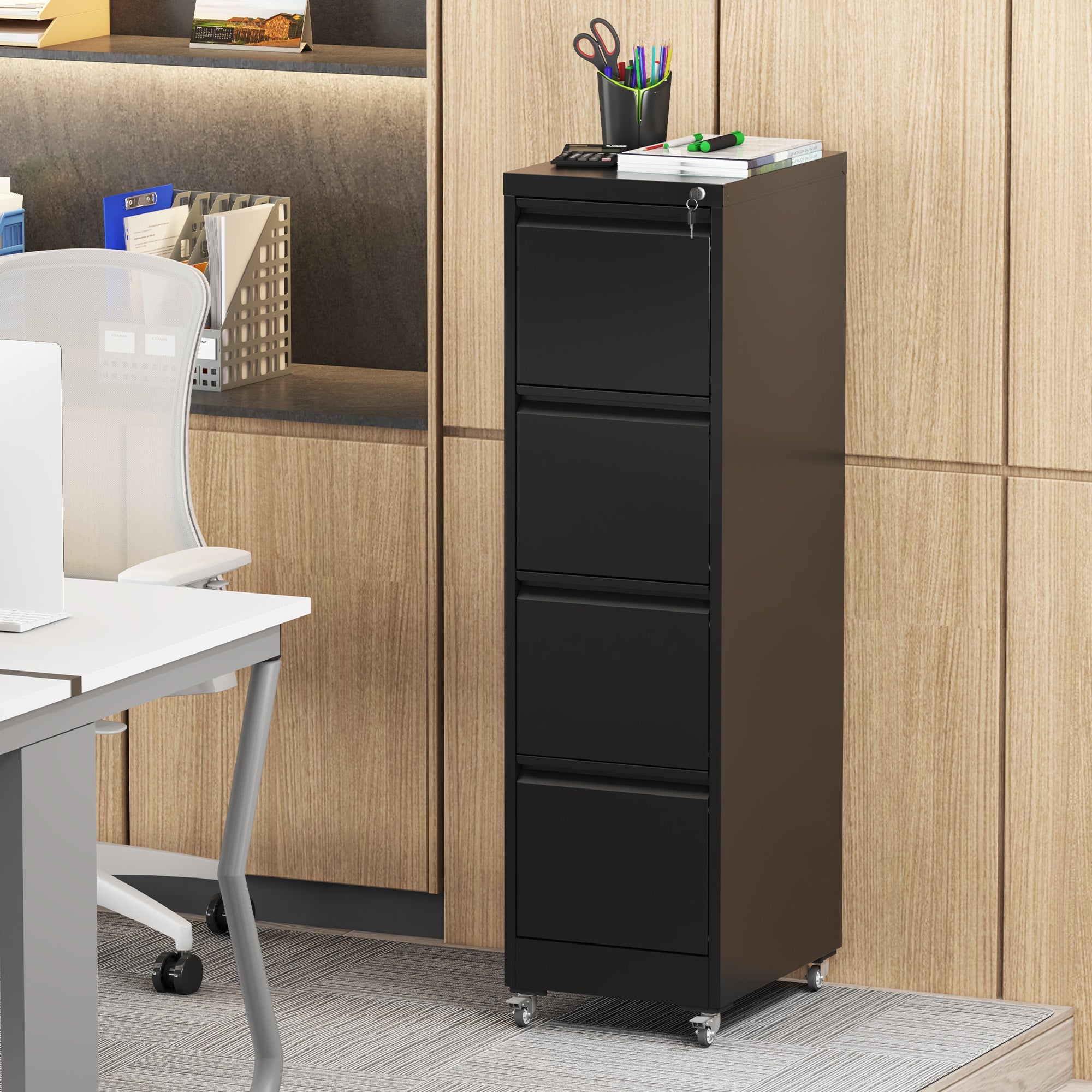 Black Heavy-Duty Metal 4 Drawer Locking Vertical File Cabinet with Wheels for Home & Office, 17.71'D x 15.16'W x 52.28'H