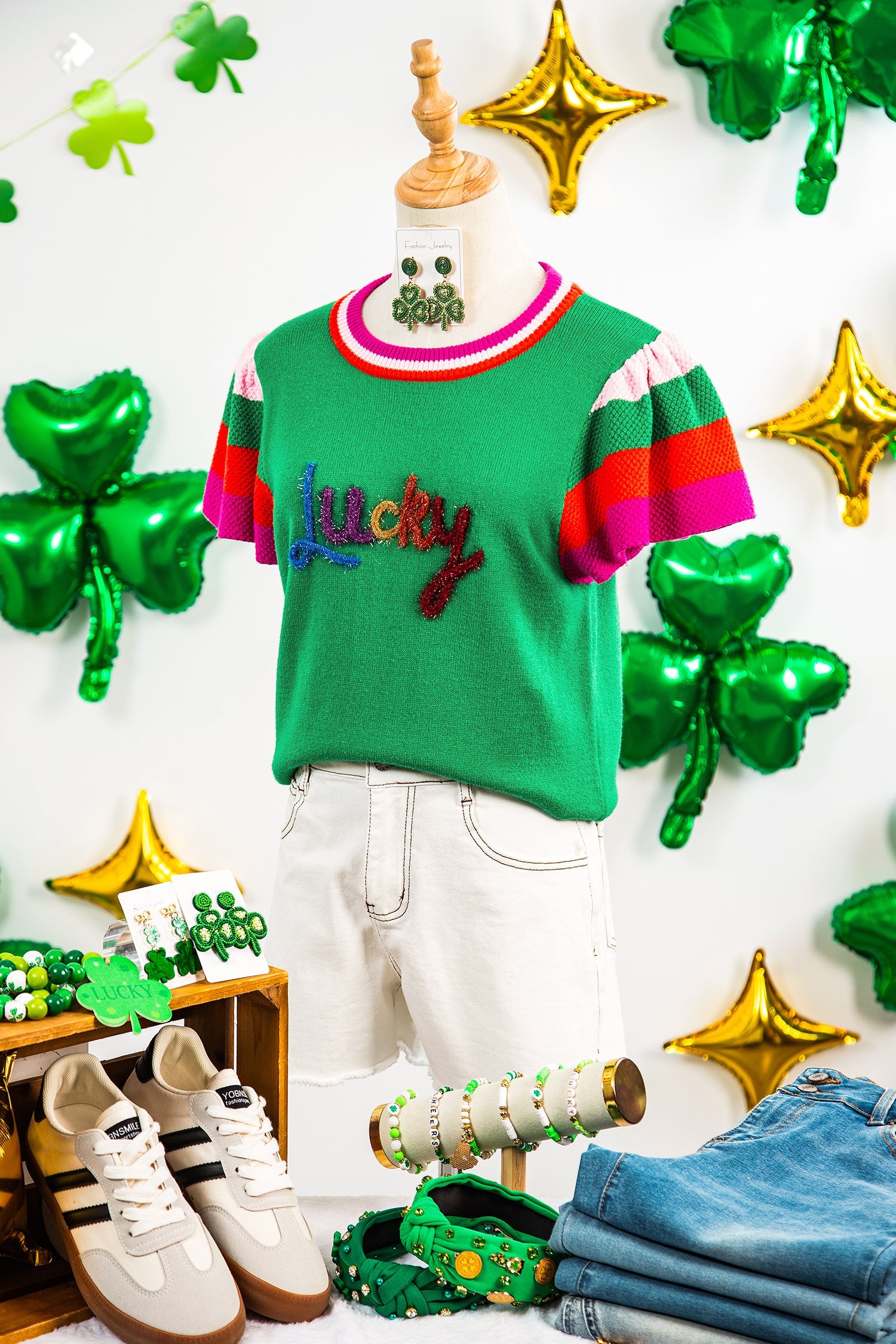 Lucky Stripe Flutter Sleeve Round Neck Sweater