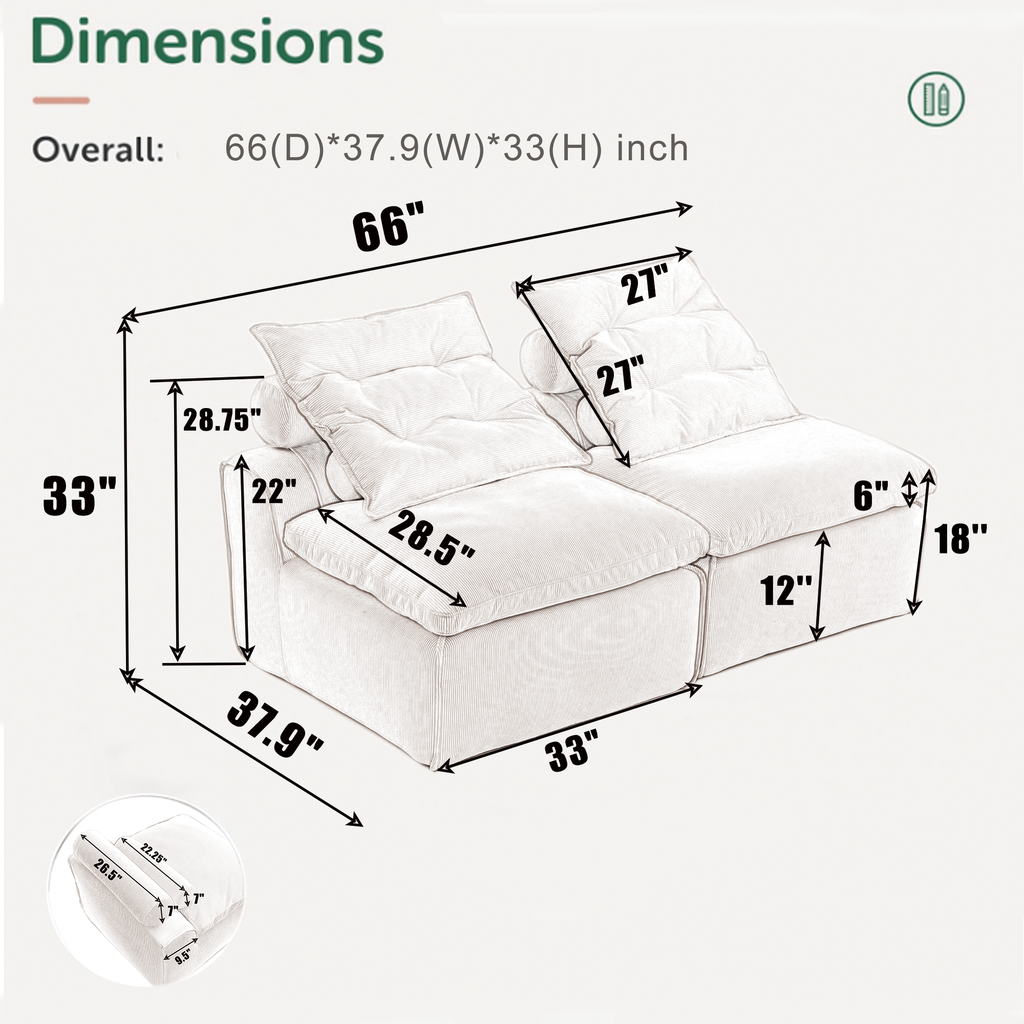 [NEW ARRIVED] [VIDEO PROVIDED]Modular Sofa,No Armrests,At will DIY,Soft Corduroy Fabric,Neck Pillow-Back Lounge Sofa Chair,Reading Nook, or Apartment Living, Lumbar Pillow,2 Seats,Upholstered,Black