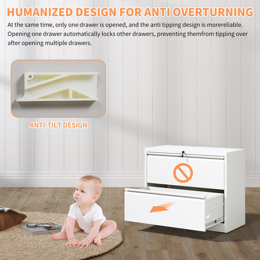 Modern 2-Drawer Steel Lateral File Cabinet with Lock, White Metal Filing Cabinet for Home Office Use