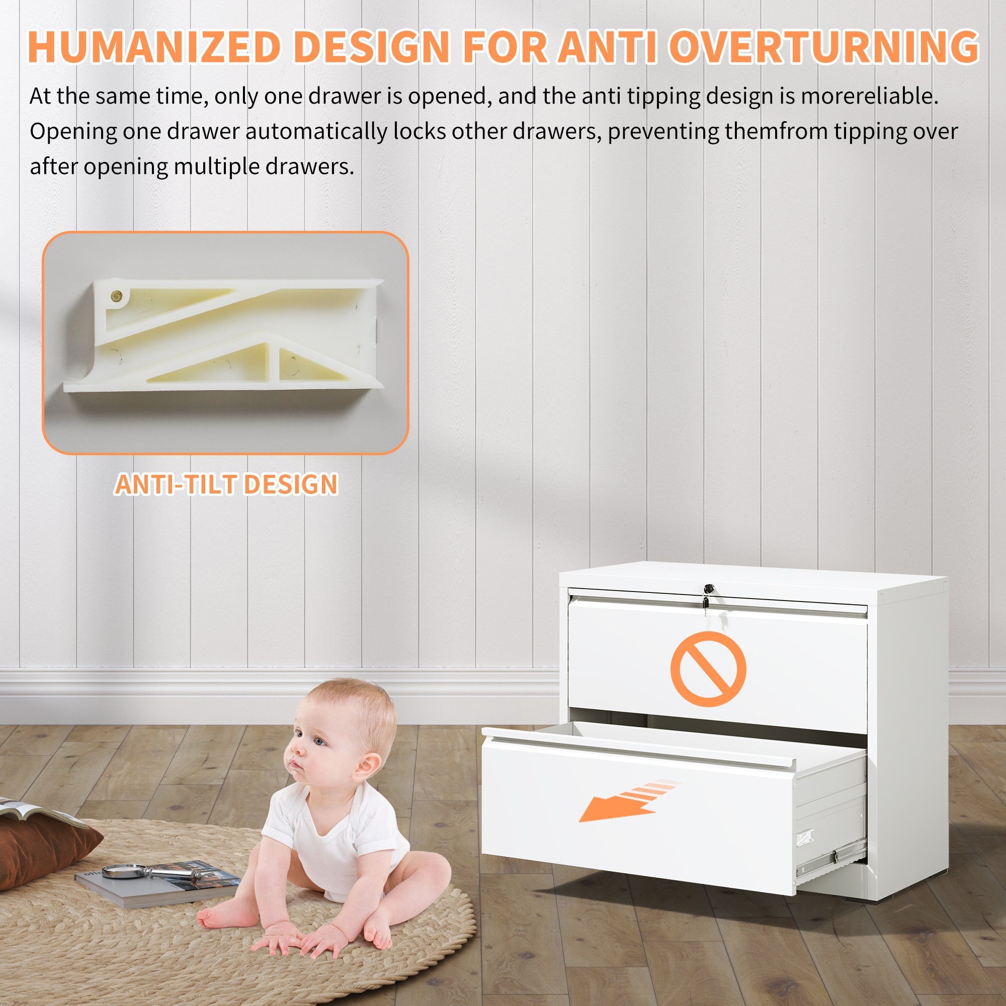 Modern 2-Drawer Steel Lateral File Cabinet with Lock, White Metal Filing Cabinet for Home Office Use