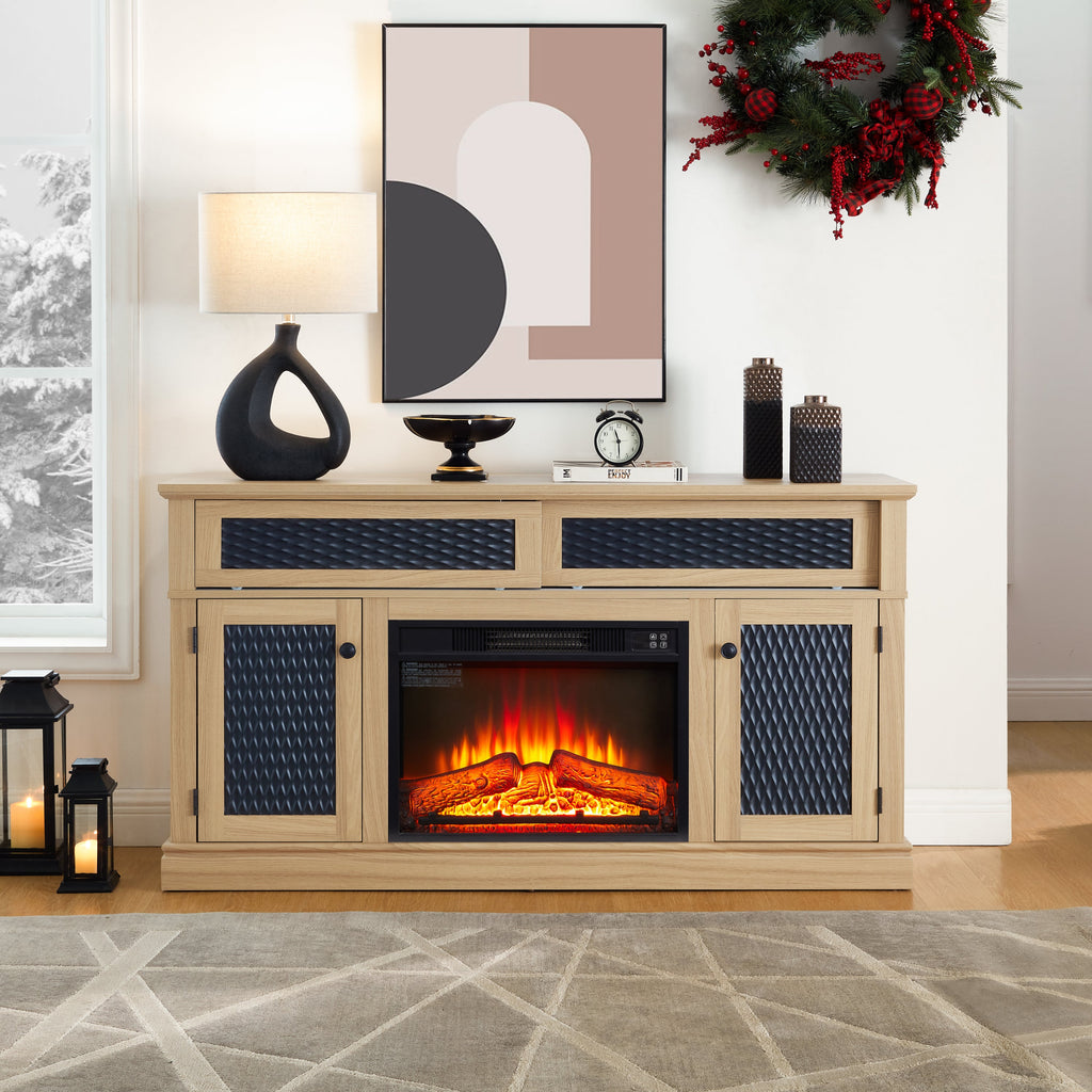 Embossed Pattern TV Stand with 23' fireplace insert,, TV and Media Console with Open and Closed Storage Space and sliding door for Living Room & Bedroom,LIGHT OAK, 58.27'W*15.35'W*31.7H
