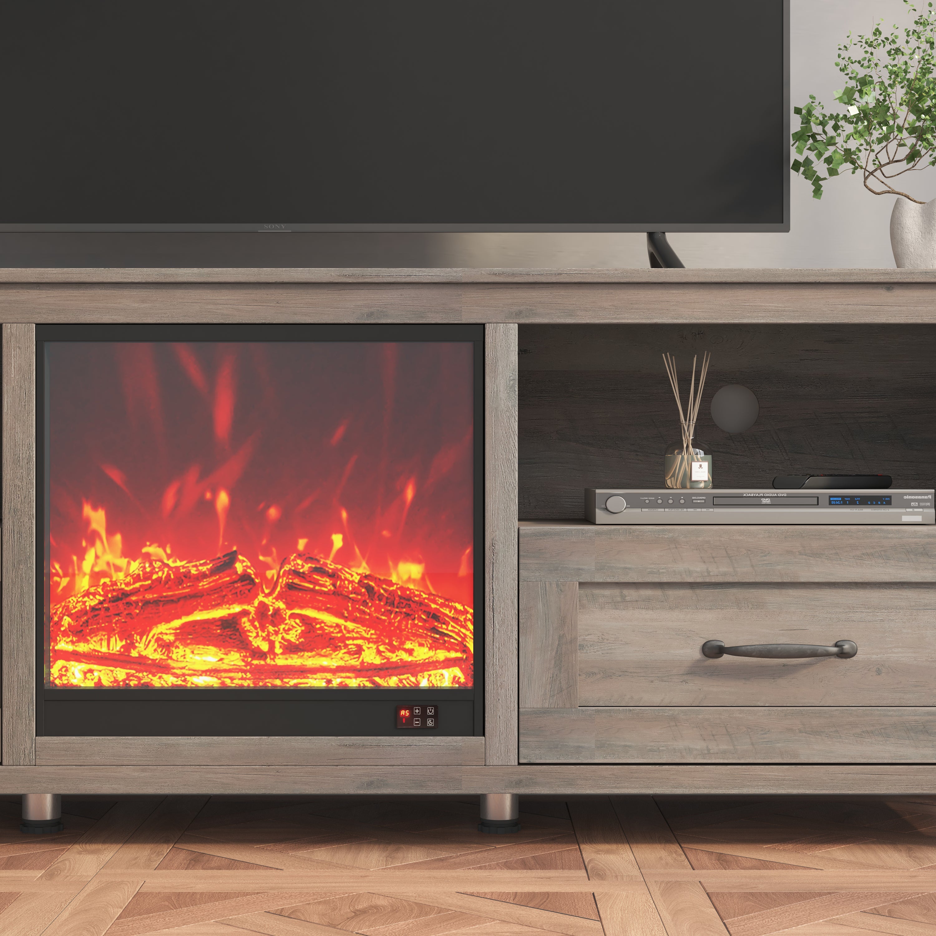 70.08 Inch Length TV Stand for Living Room and Bedroom, with 2 Drawers and 4 High-Capacity Storage Compartment, Grey Walnut ;Suitable for fireplace