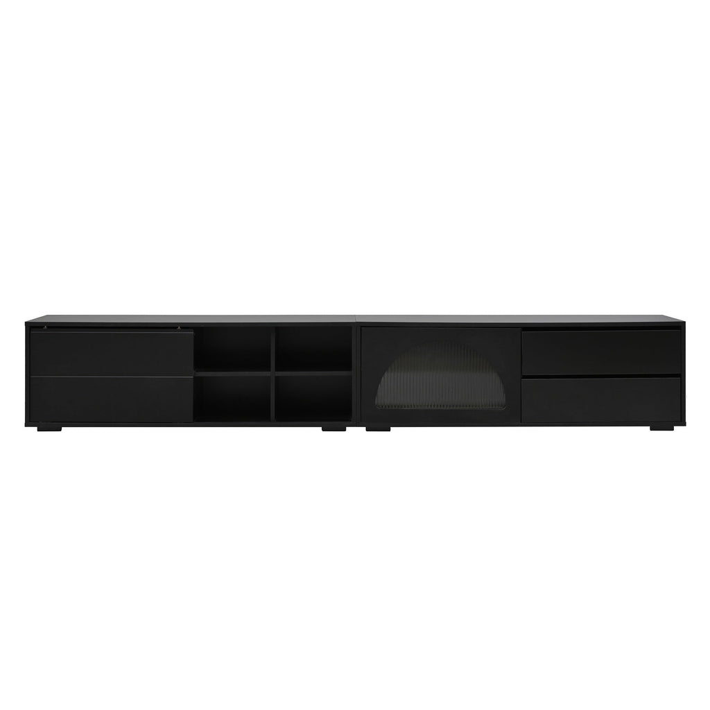 ON-TREND Modern TV Stand with Fluted Glass Door for TVs Up to 100', Media Console with Sliding Door & 2 Drawers, Free-Combination Entertainment Center with LED Light for Living Room, Bedroom, Black