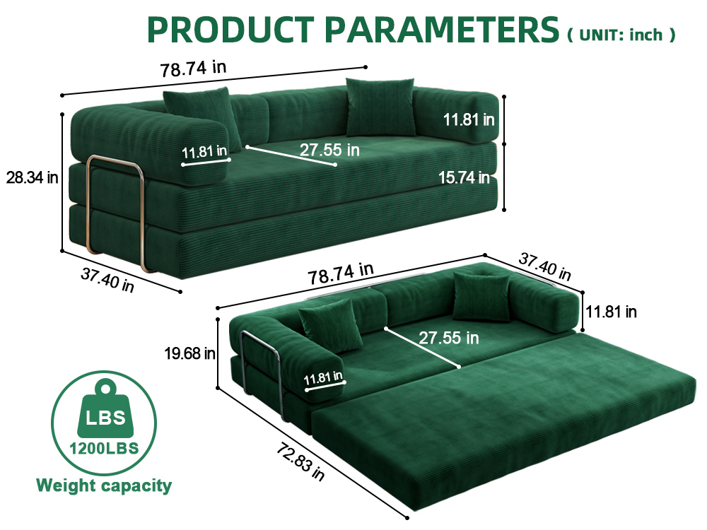 78.8inch  Modular Sectional Sofa, Convertible Pudding Block Sofa, Floor Standing Sofa Bed Arm Comfort Sofa Bed, Compression Sofa for Living Room and Bedroom -  (Green)