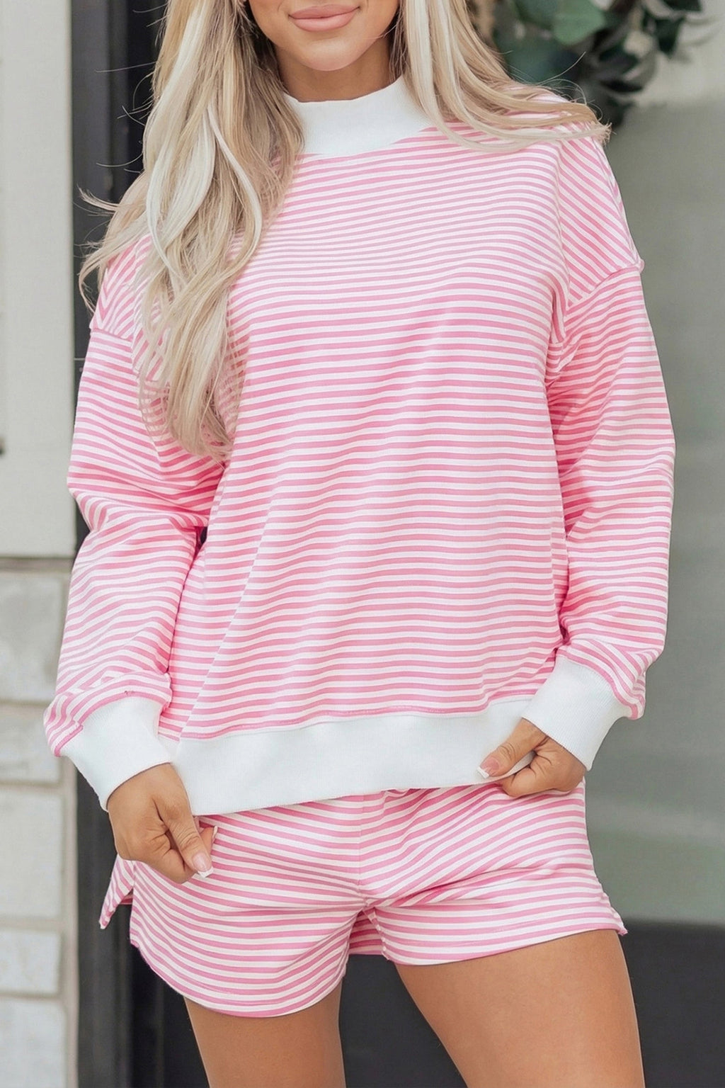 Stripe Oversize Mock Neck Sweatshirt & Shorts Set