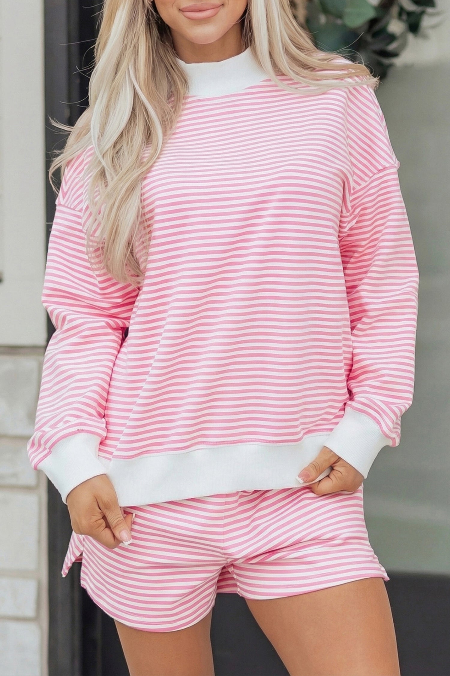Stripe Oversize Mock Neck Sweatshirt & Shorts Set