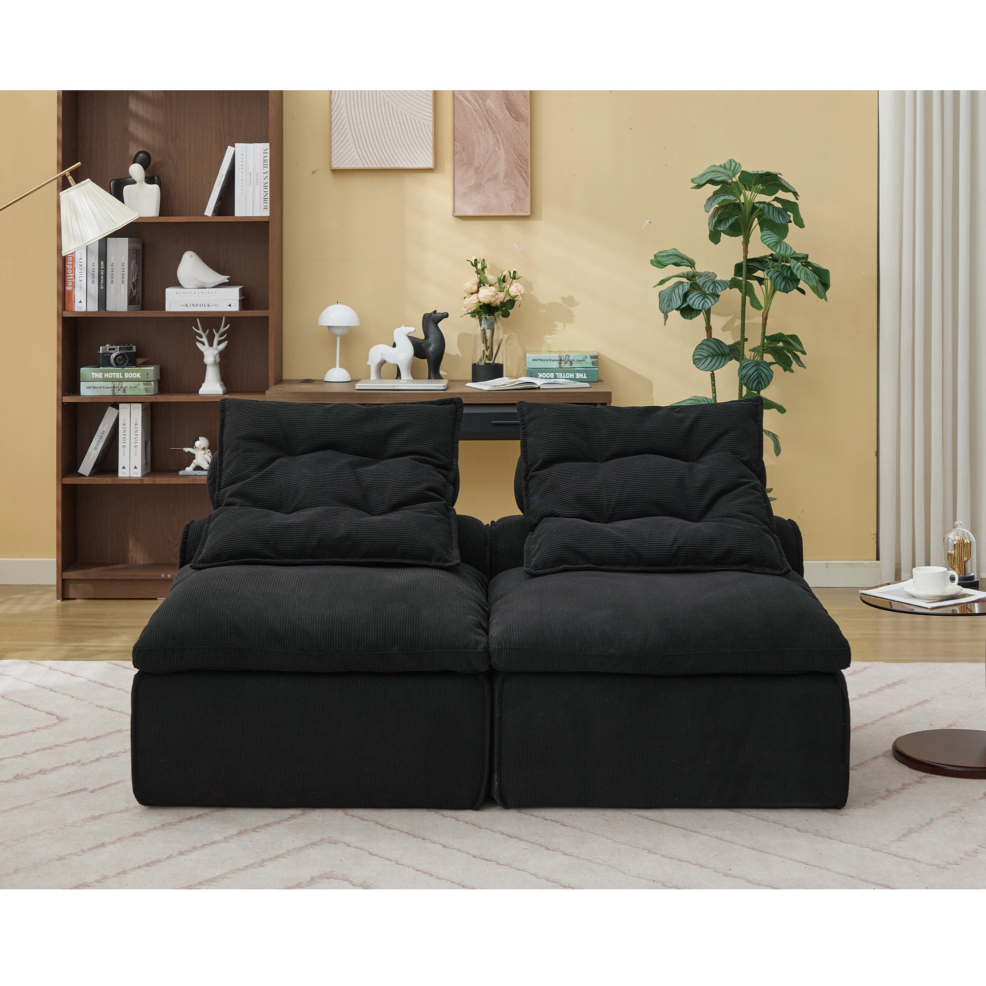 [NEW ARRIVED] [VIDEO PROVIDED]Modular Sofa,No Armrests,At will DIY,Soft Corduroy Fabric,Neck Pillow-Back Lounge Sofa Chair,Reading Nook, or Apartment Living, Lumbar Pillow,2 Seats,Upholstered,Black