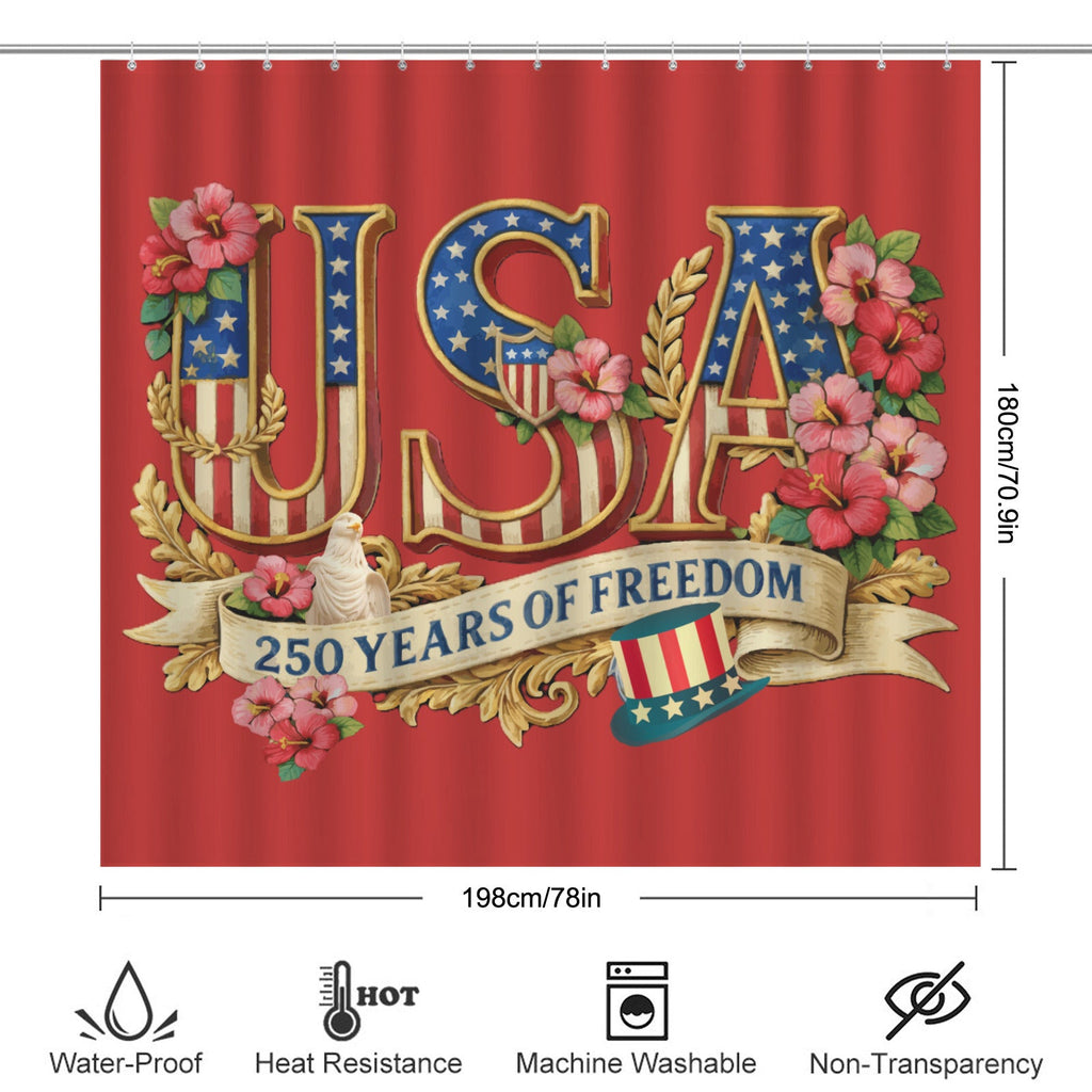 Patriotic USA 250 Years of Freedom Shower Curtain 78" × 71" | Ships from USA