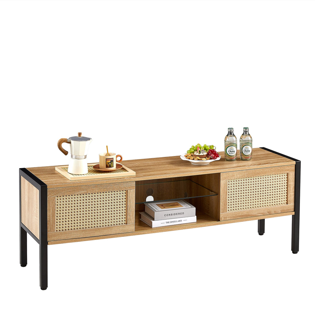 Natural Rattan TV Cabinet with Color Light Strip, Double Sliding Doors, Adjustable Shelf, Metal Legs, 54.33 Inches