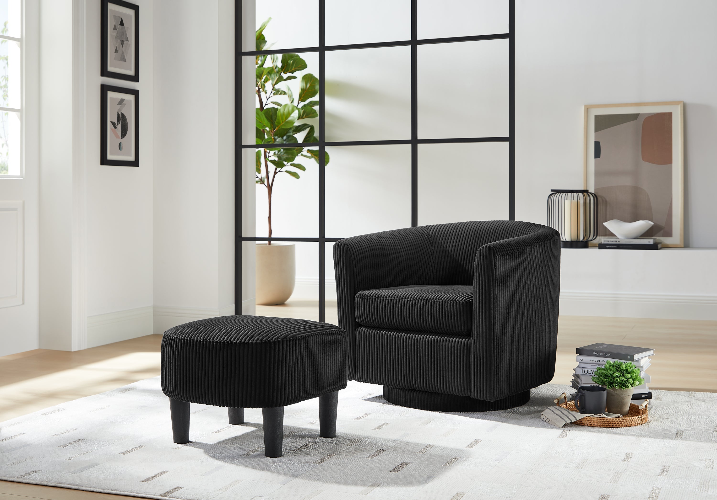 Swivel Accent Chair 360° Comfy Recliner Corduroy Arm Chair Single Sofa with Ottoman for Living Room Bedroom,Black