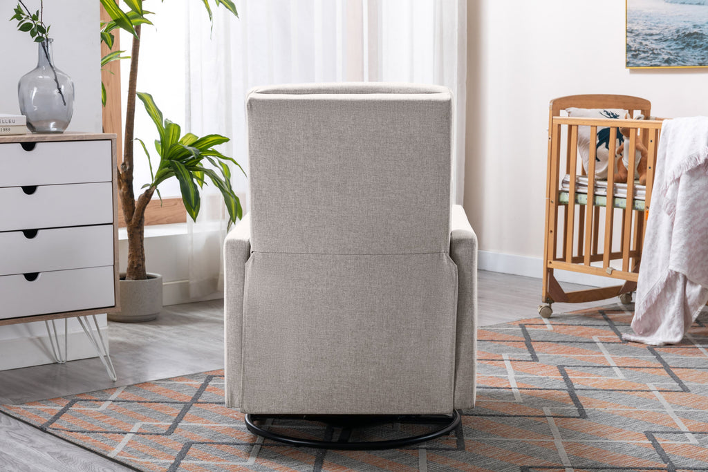 Modern Upholstered Rocker Nursery Chair with Plush Seating, Tan Linen, Swivel Recliner