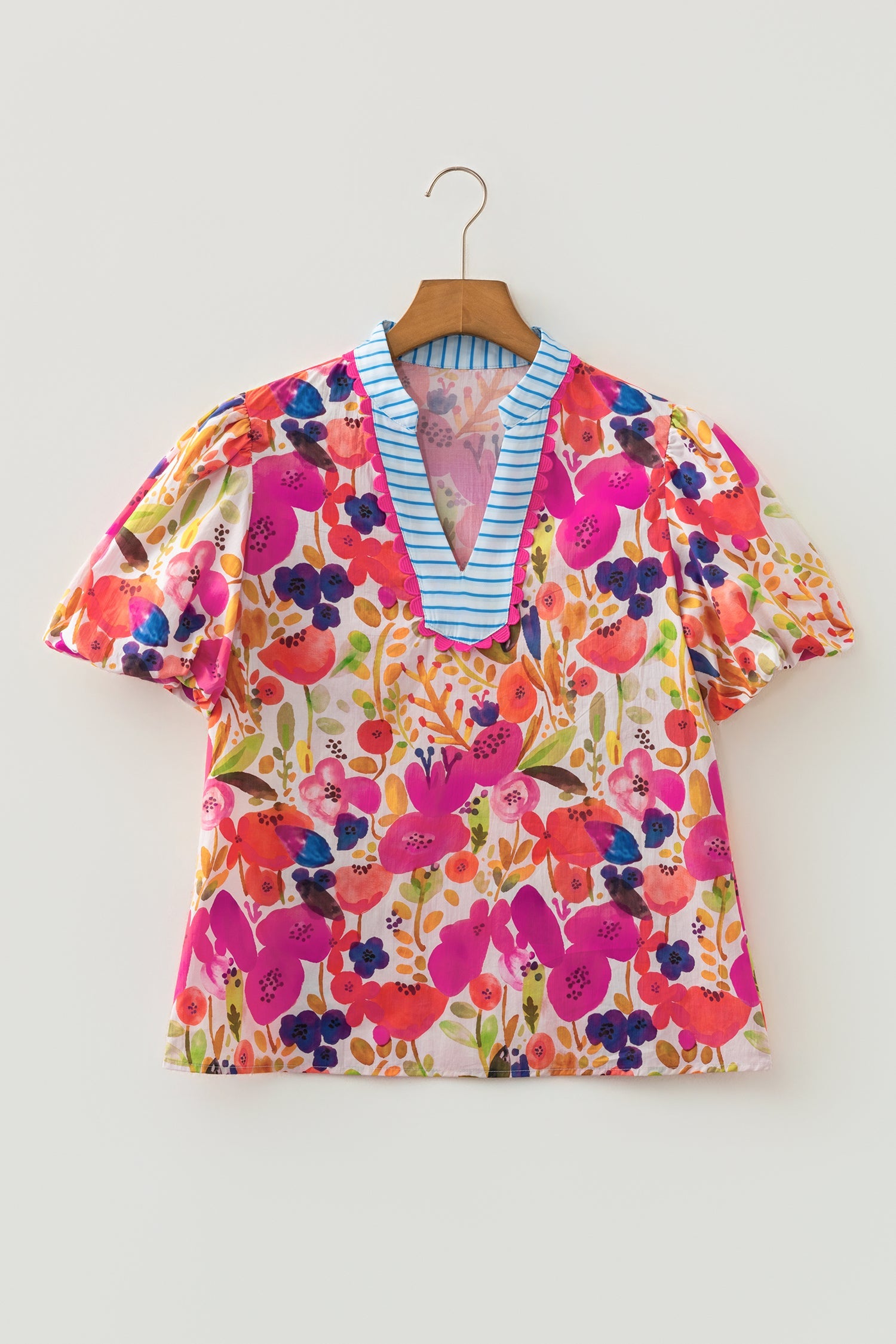 Floral V-Neck Puff Sleeve Cotton Blouse