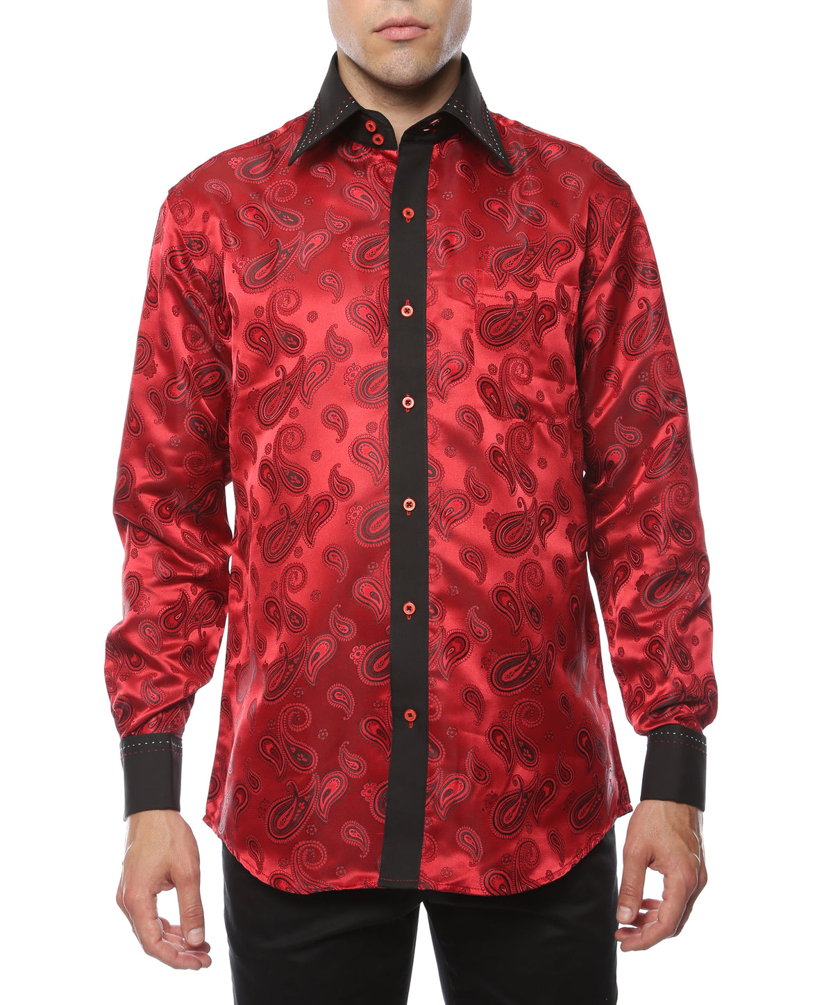 Men's Red & Black Paisley Satin Dress Shirt – High Collar, French Cuff | Ferrecci Hi-1012