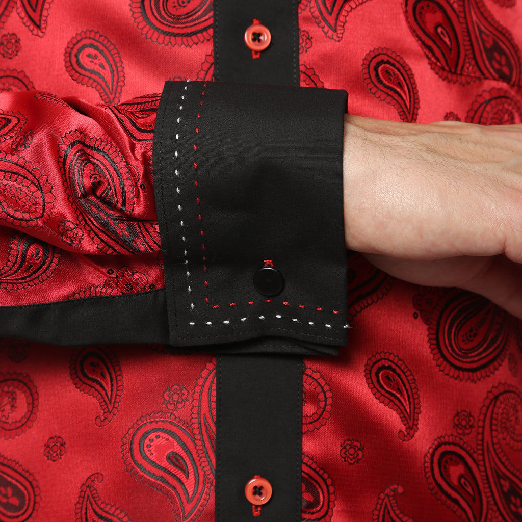 Men's Red & Black Paisley Satin Dress Shirt – High Collar, French Cuff | Ferrecci Hi-1012