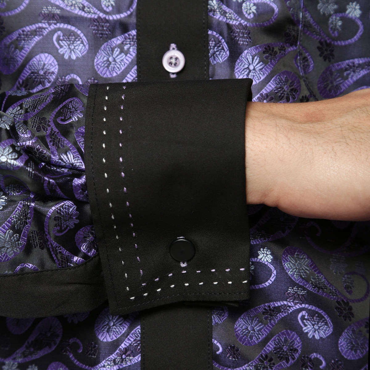Men's Purple & Black Floral Satin Dress Shirt – High Collar, French Cuff | Ferrecci Hi-1013