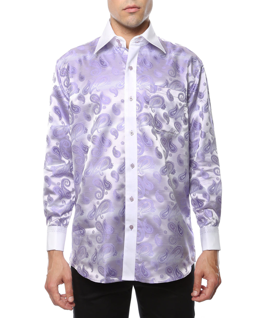 Men's Purple & Lilac Paisley Satin Dress Shirt – High Collar, French Cuff | Ferrecci Hi-1016