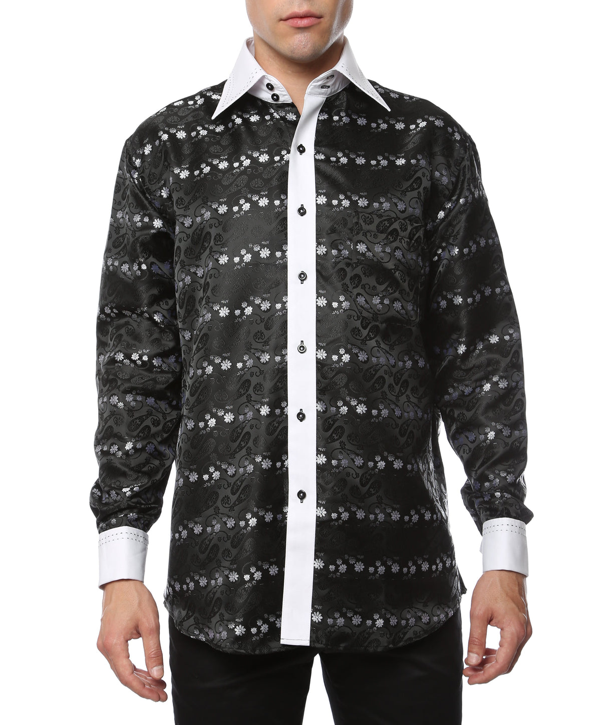 Men's Black & White Floral Satin Dress Shirt – High Collar, French Cuff | Ferrecci Hi-1018