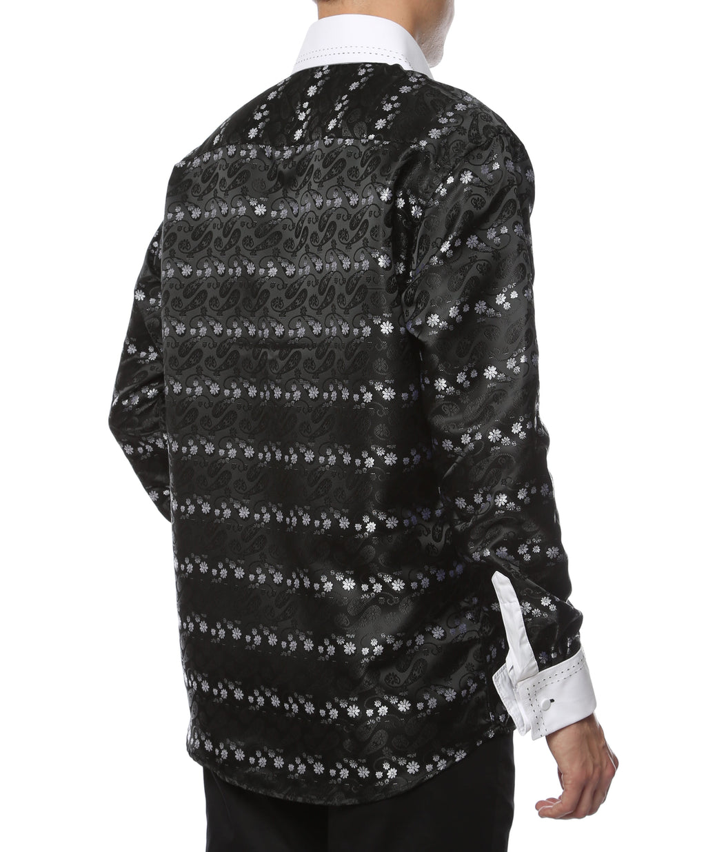 Men's Black & White Floral Satin Dress Shirt – High Collar, French Cuff | Ferrecci Hi-1018