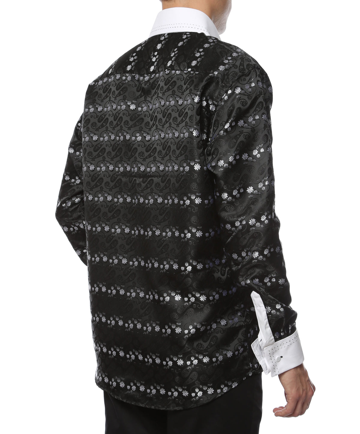 Men's Black & White Floral Satin Dress Shirt – High Collar, French Cuff | Ferrecci Hi-1018
