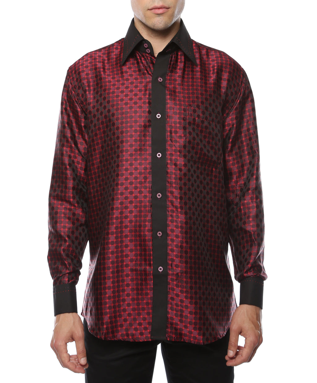 Men's Burgundy & Black Circle Print Satin Dress Shirt – High Collar, French Cuff | Ferrecci Hi-1023