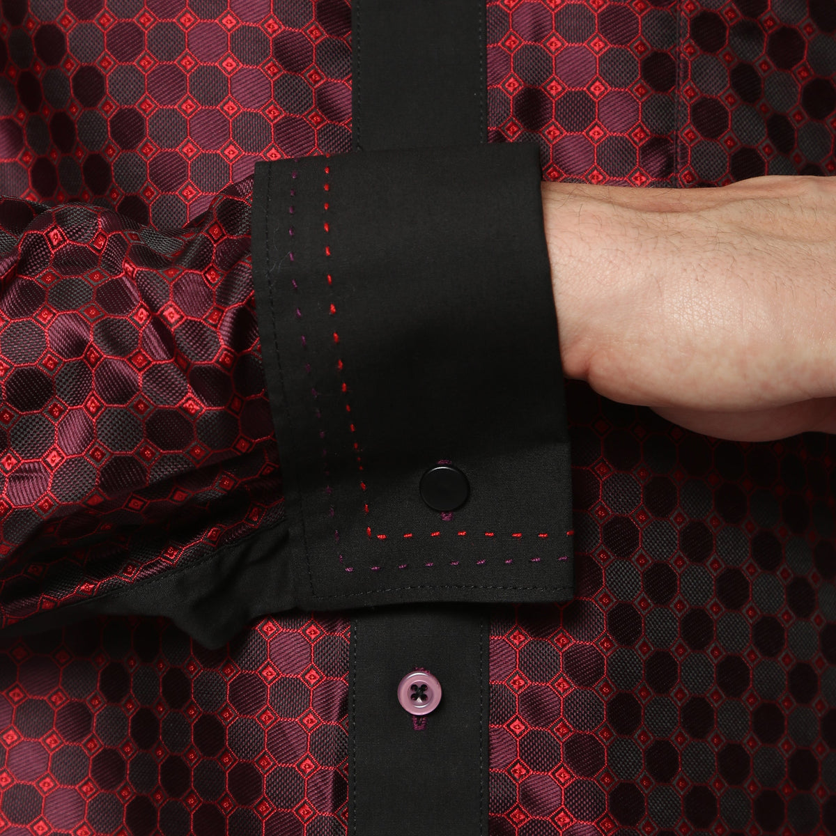 Men's Burgundy & Black Circle Print Satin Dress Shirt – High Collar, French Cuff | Ferrecci Hi-1023