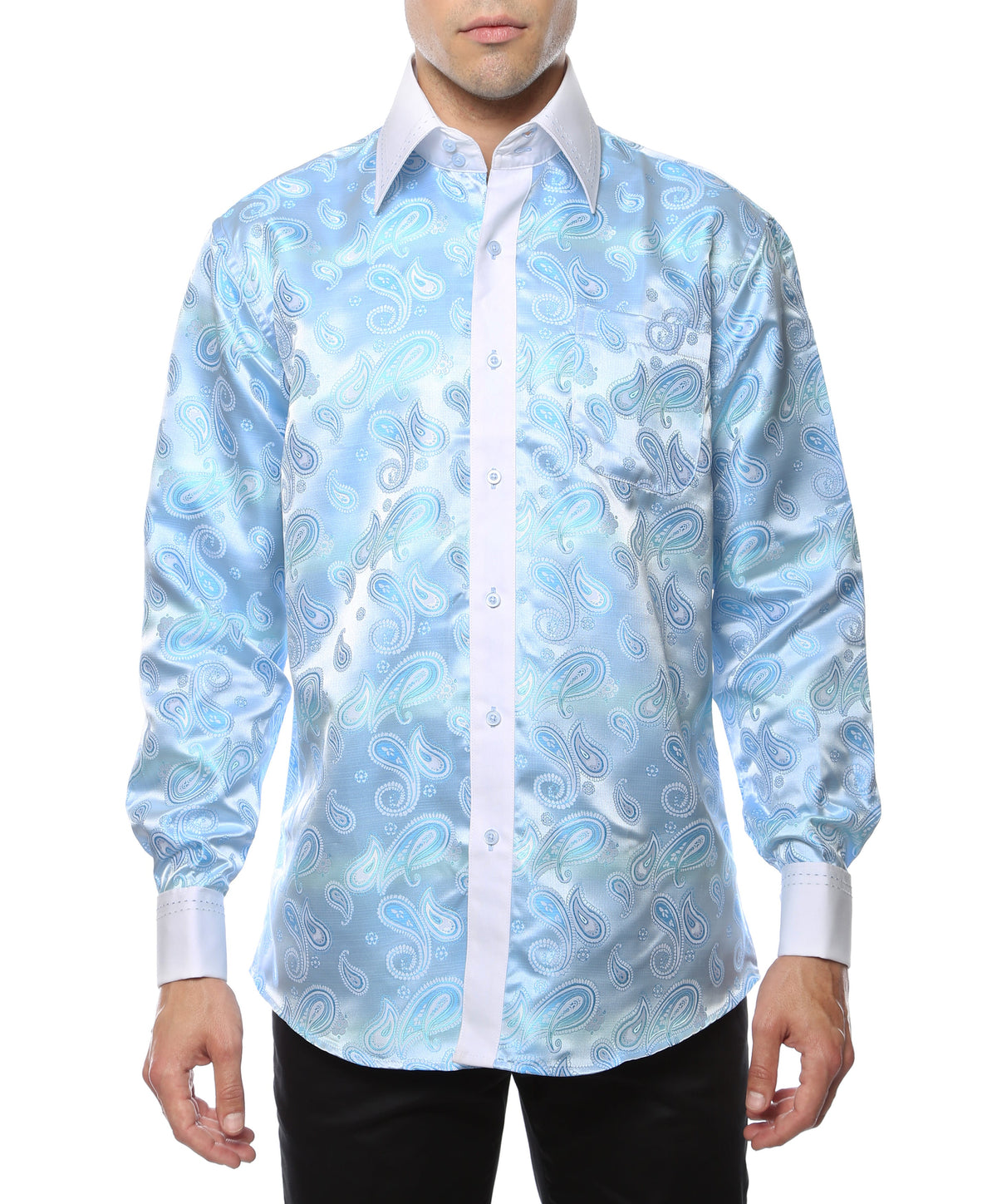 Men's Turquoise Paisley Satin Dress Shirt – High Collar, French Cuff | Ferrecci Hi-1025