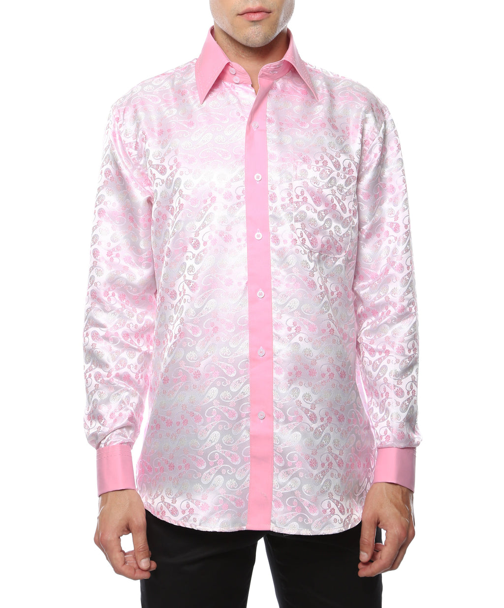 Men's Pink Floral Satin Dress Shirt – High Collar, French Cuff | Ferrecci Hi-1031