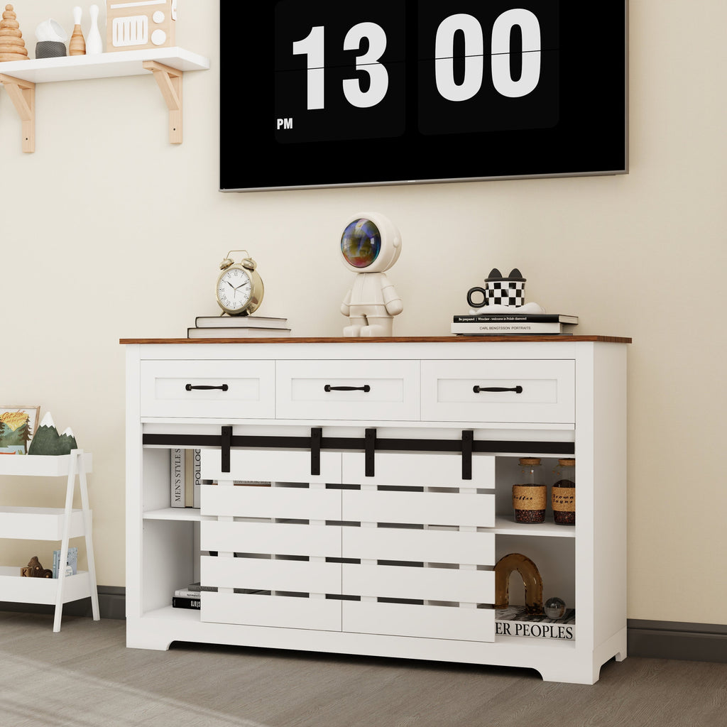 53' Farmhouse Sideboard Buffet Storage Cabinet with 3 Drawers, 2 Sliding Barn Doors, 2 Adjustable Shelves, Coffee Bar Cabinet for Kitchen, Living Room, Dining Room-White