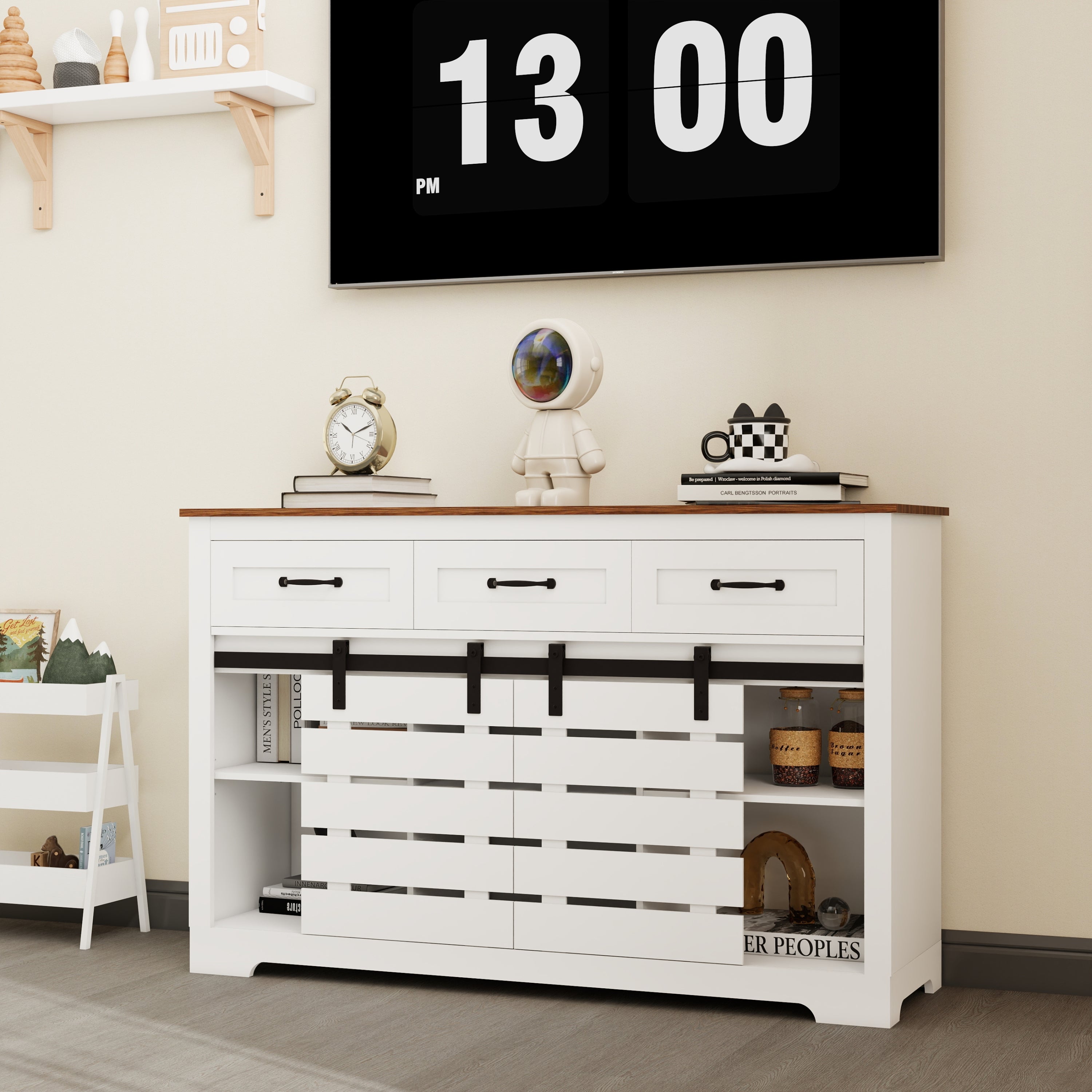 53' Farmhouse Sideboard Buffet Storage Cabinet with 3 Drawers, 2 Sliding Barn Doors, 2 Adjustable Shelves, Coffee Bar Cabinet for Kitchen, Living Room, Dining Room-White