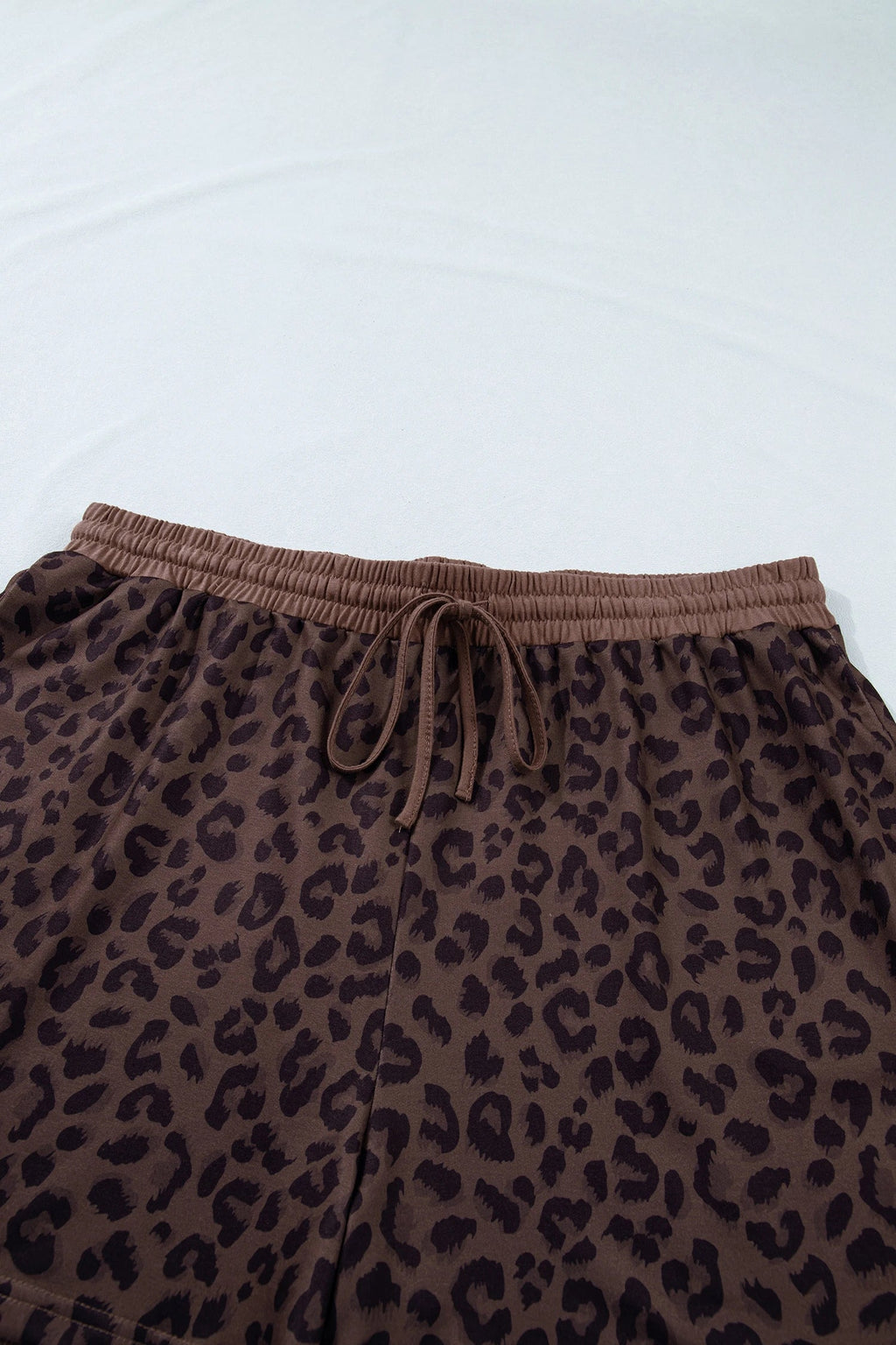 Plus Size Leopard Collared Top & Drawstring Shorts Set