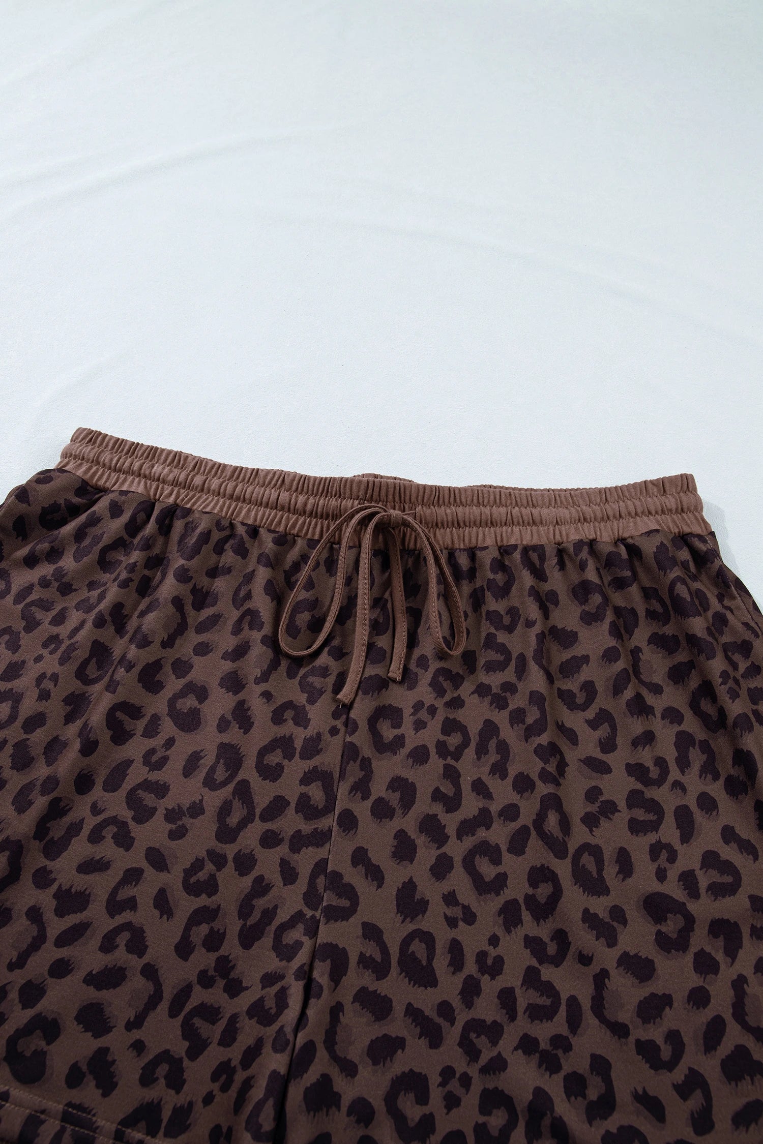 Plus Size Leopard Collared Top & Drawstring Shorts Set