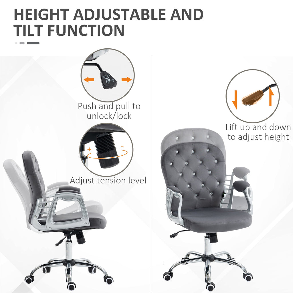 Vinsetto Velvet Home Office Chair, Button Tufted Desk Chair with Padded Armrests, Adjustable Height and Swivel Wheels, Dark Gray