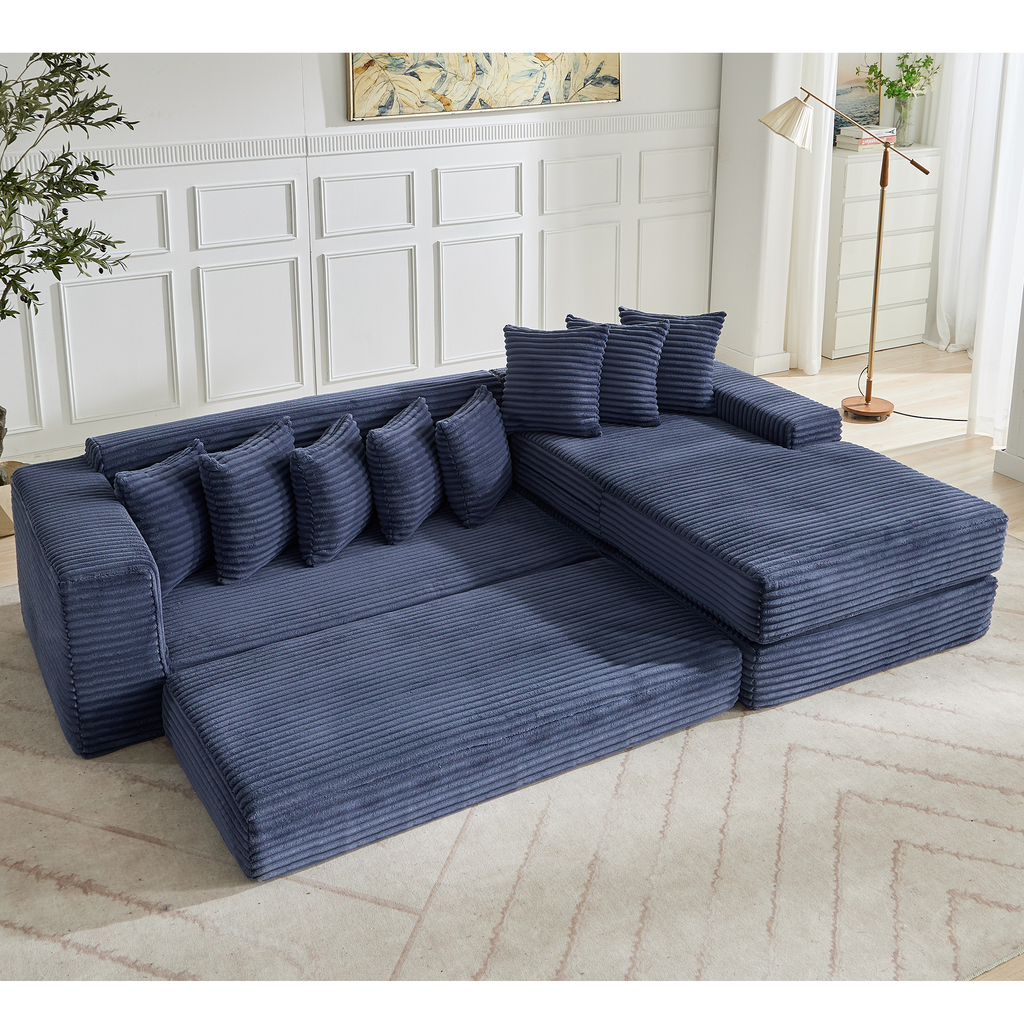 [NEW ARRIVED] [VIDEO PROVIDED] Oversize Cloud Sectional Couch, L-Shape Sofa, Convertible Floor Sleeper Sofa Bed, No Assembly ,Eight pillows,3-in-1,Magazine bag,(Right Facing Sofa),3 Seat,Corduroy,Blue