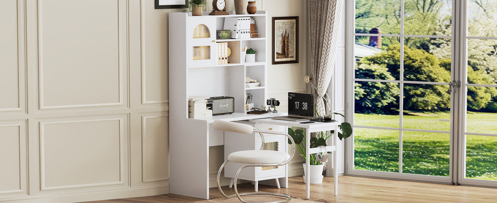 Computer Desk with 90 Degree Rotating Desktop, 43x70 Inch Office Desk with Storage Drawer and Cabinets, Gaming Desk with Shelves, Writing Desk for Study, Work Desk for Home Office Bedroom Living Room