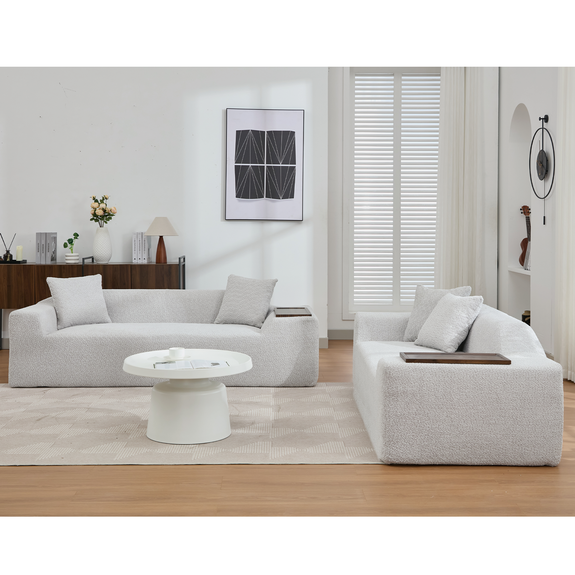 [NEW ARRIVED] [VIDEO PROVIDED]2 Piece Boucle Cloud Sofa Set, Upholstered Sofa Set, Modern 3 Seater and 2 Seater Sofa  with MDF End Table for Living Room ,Apartment,3+2 couch,Boucle, Light Gray