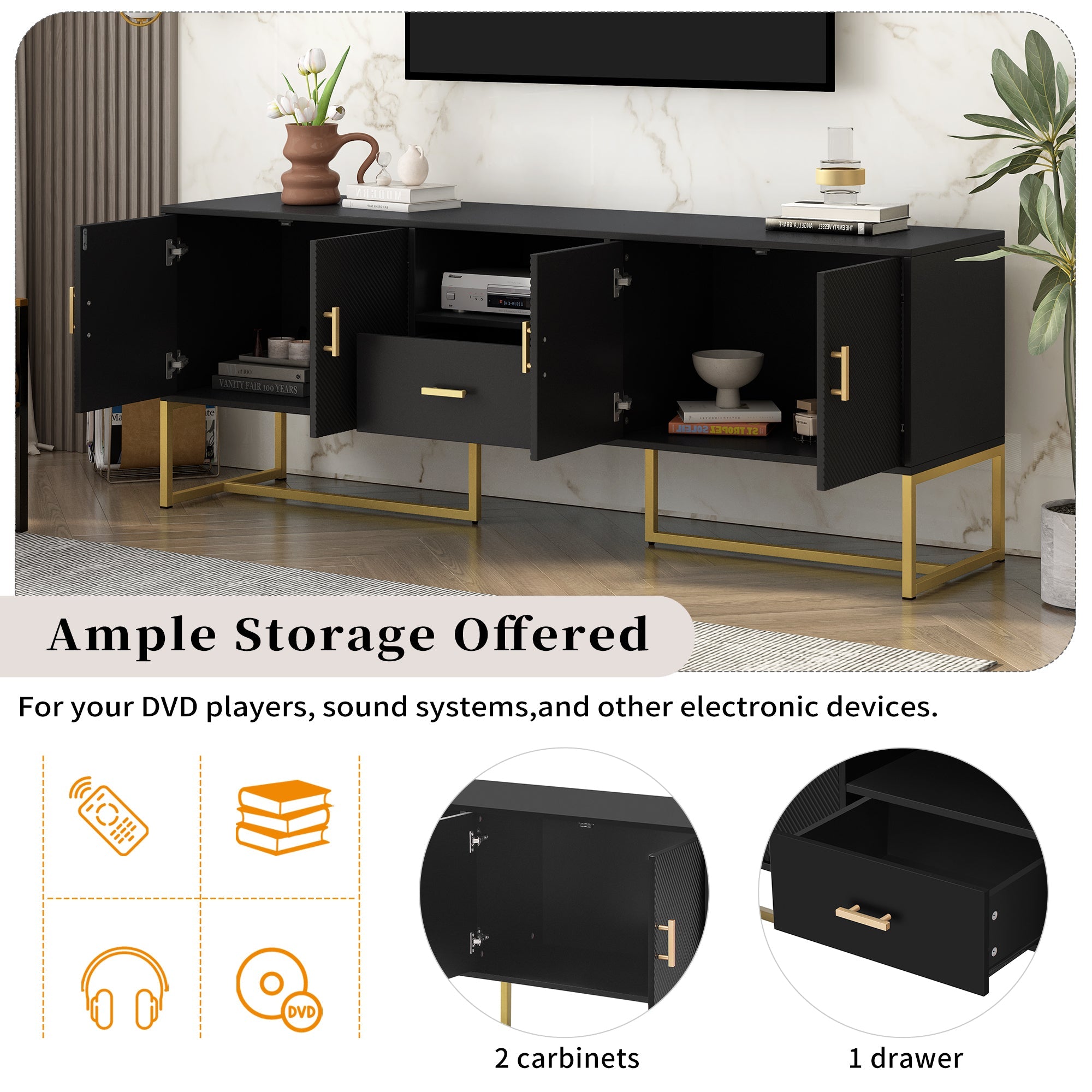U-Can Modern TV Stand for TV up to 70 Inches,TV Cabinet with 1 Drawer, 2 Cabinets and Metal Legs, Handles and Anti-tip Device for Living room