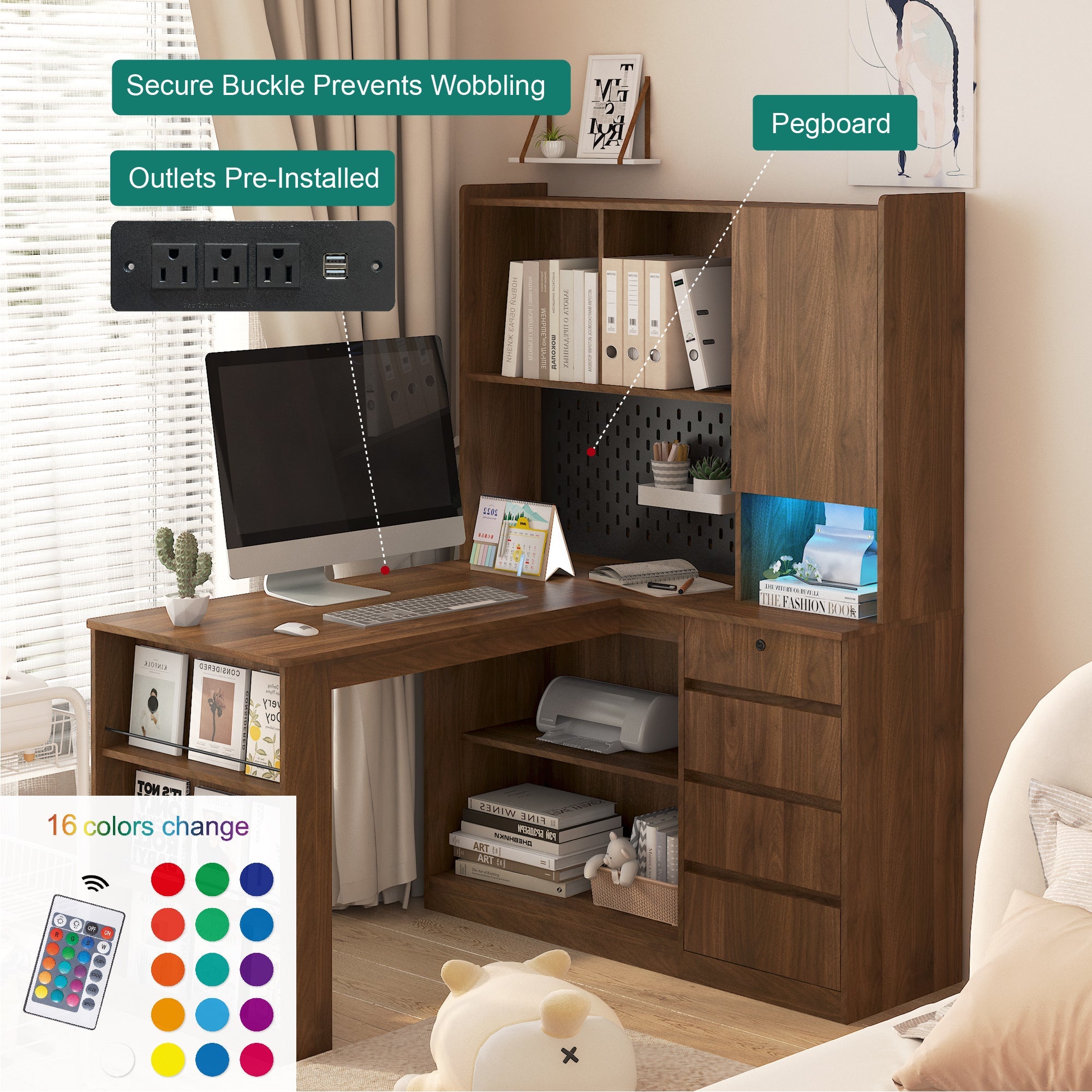 L Shaped Desk with Charger,Computer Desk with Drawers,Bookshelf, with LED Light,Modern Corner Desk,Home Office Desk,L-Shaped Study Table Writing Desk,Corner Gaming Computer Desk with Storage