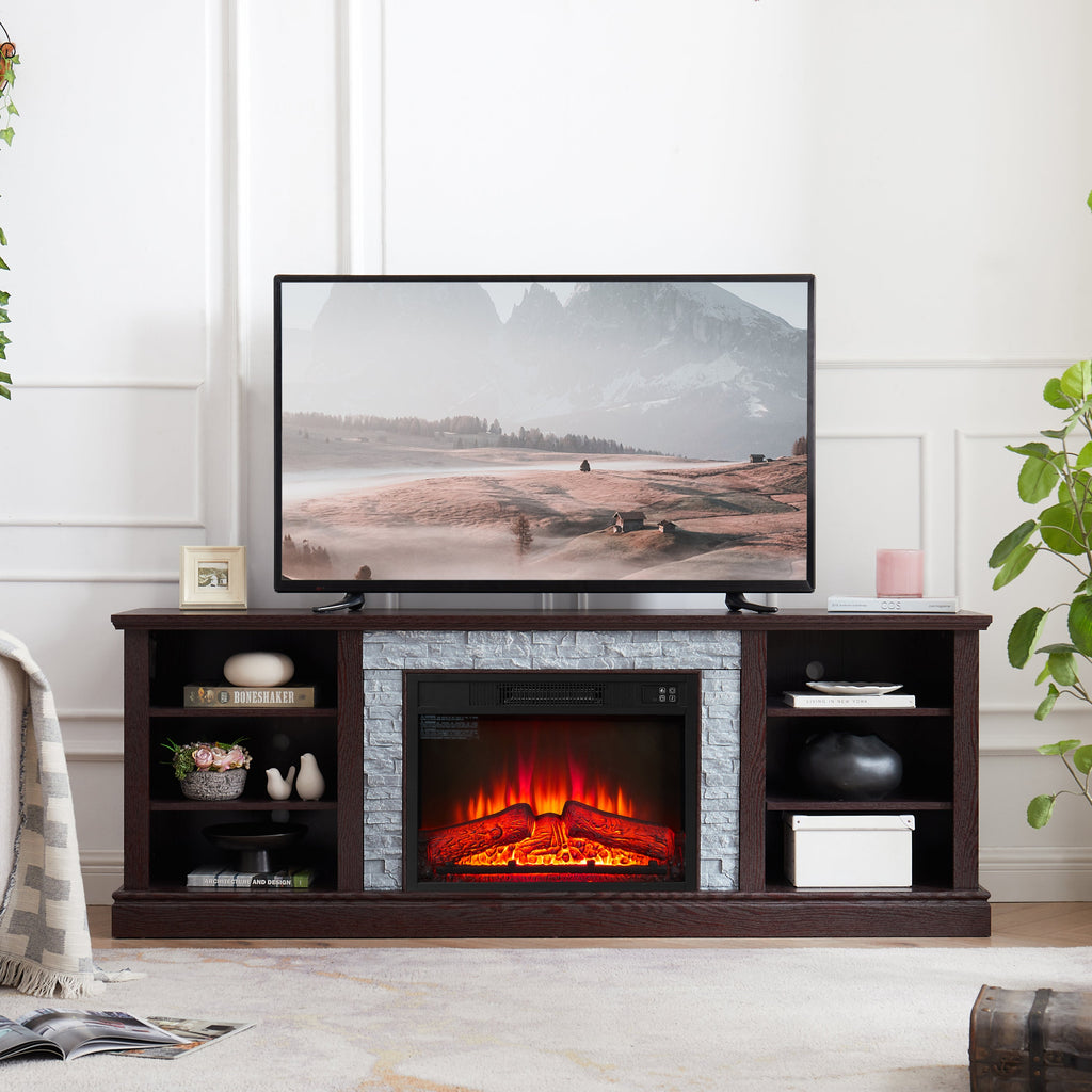 Large TV Desk Storage Rack with Faux Stacked Stone Surround,Media Console Table with Large Storage Cabinet,Modern  TV Media Stand with 23' Fireplace Insert,Cherry, 70.12'W*15.35'D*25.83'H
